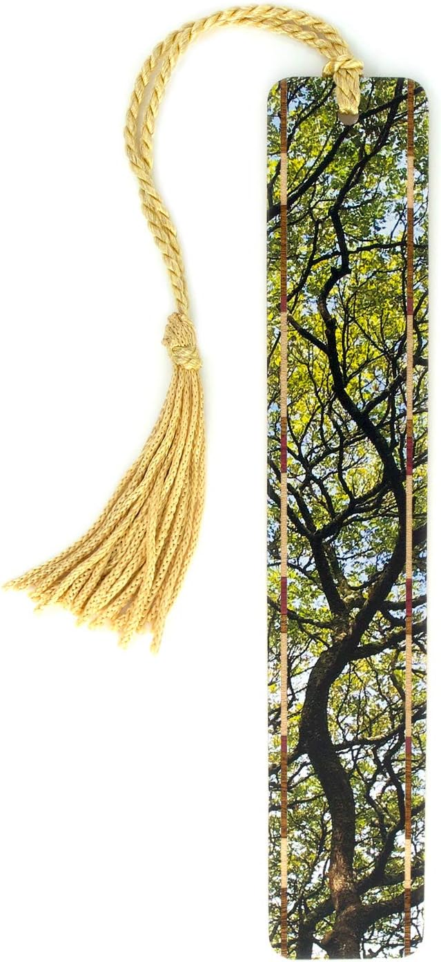 Hawaiian Monkeypod Tree Personalized Wooden Bookmark | Tropical Nature Design | Handmade Wood Bookmark with Gold Collegiate-Style ChainetteTassel | Made in the USA