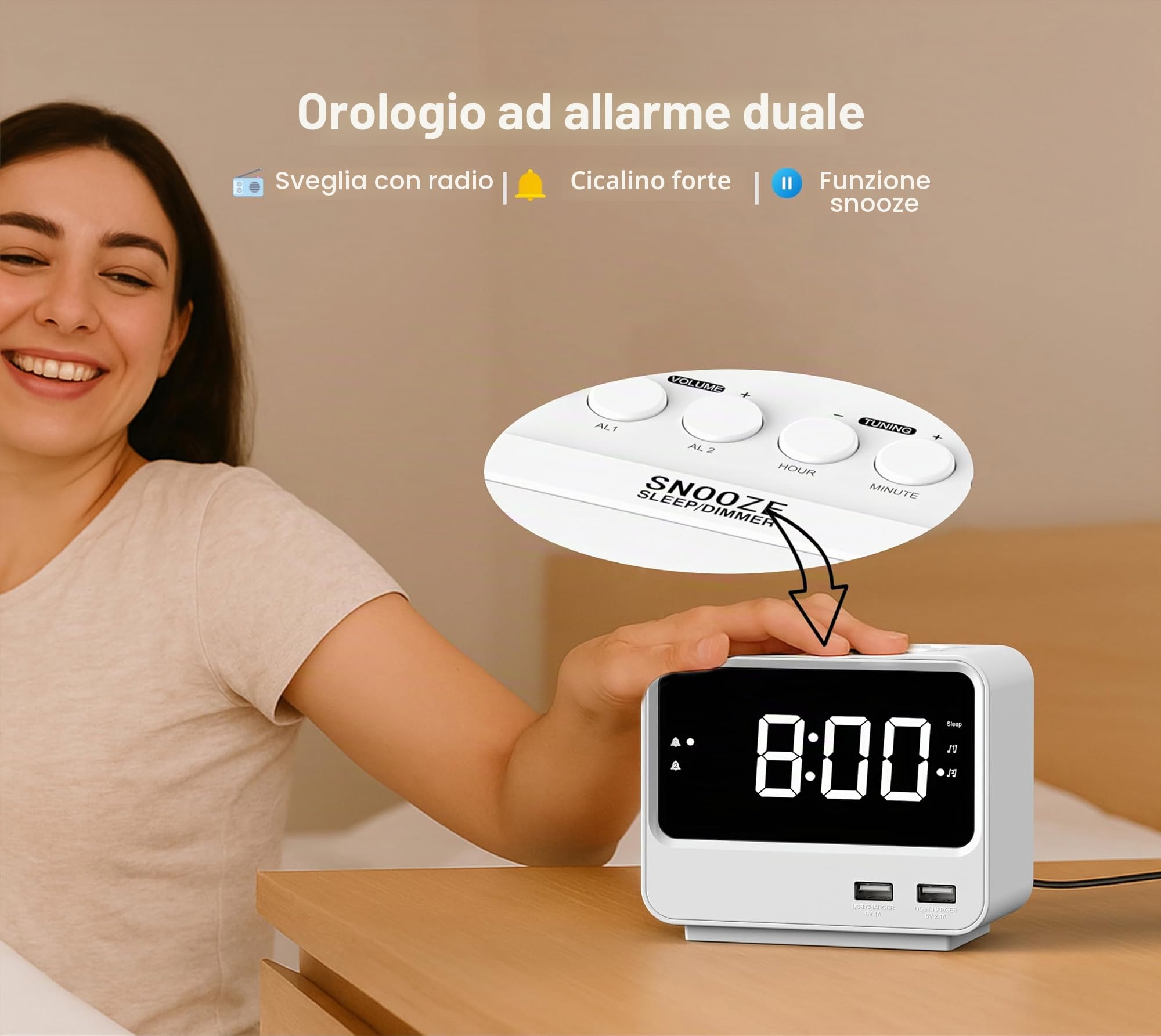iTOMA Radiosveglia per camera da letto con due porte di ricarica USB, numeri grandi con luminosità regolabile, radio FM digitale per comodino con timer per sonno, orologio digitale LED bianco A23W