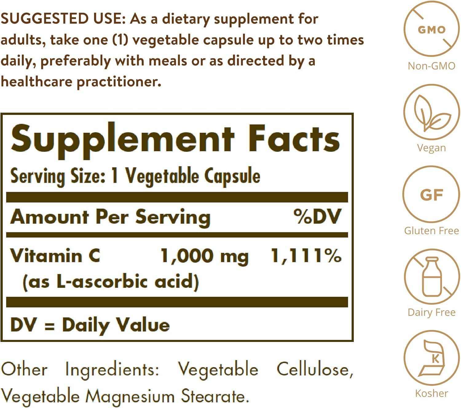 Solgar Vitamin C 1000mg, 100 Tablets, High-Strength Immune and Collagen Support, Antioxidant Vitamin for Daily Wellbeing, Over Three-Month Supply, Suitable for Vegetarians and Vegans