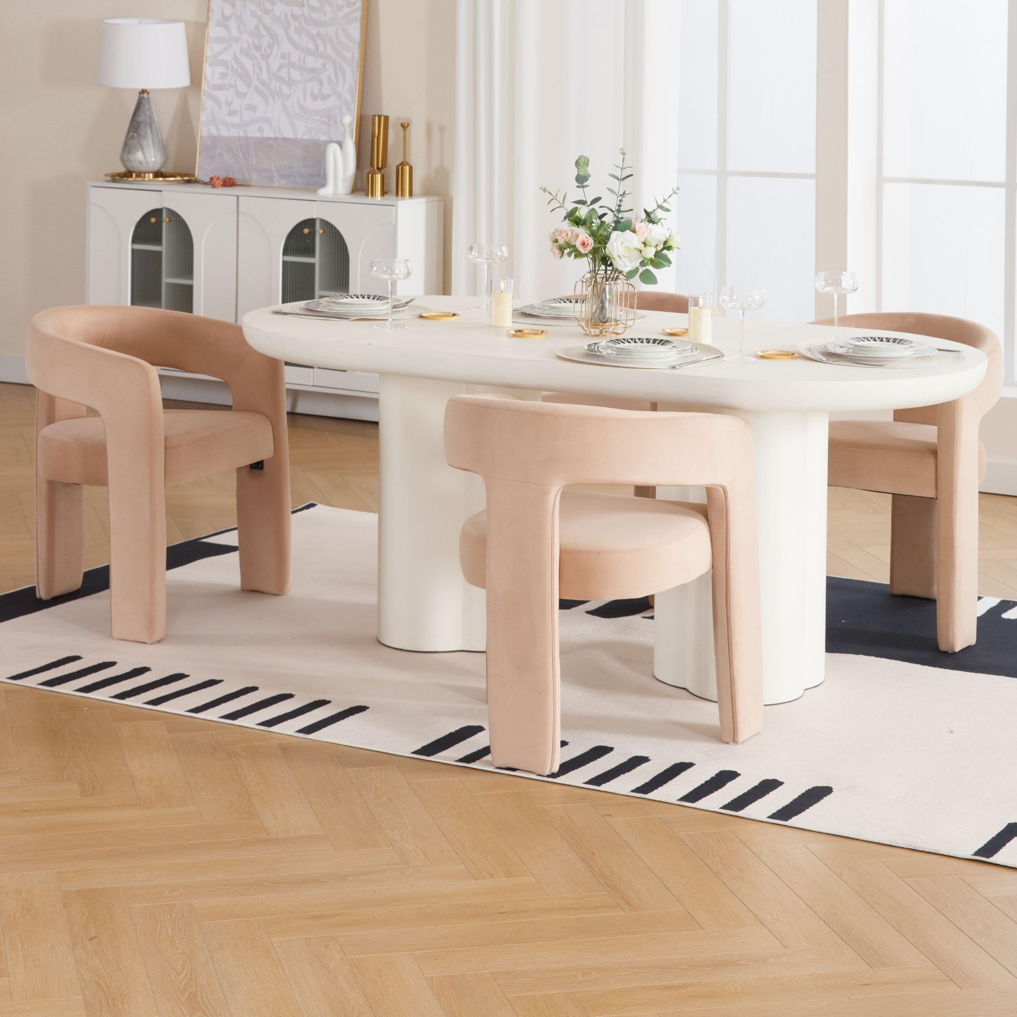 Wahson Modern Dining Chair Set of 4, Velvet Upholstered Barrel Kitchen Chair, Round Dining Chairs with Wooden Legs, Assembled Accent Armchairs for