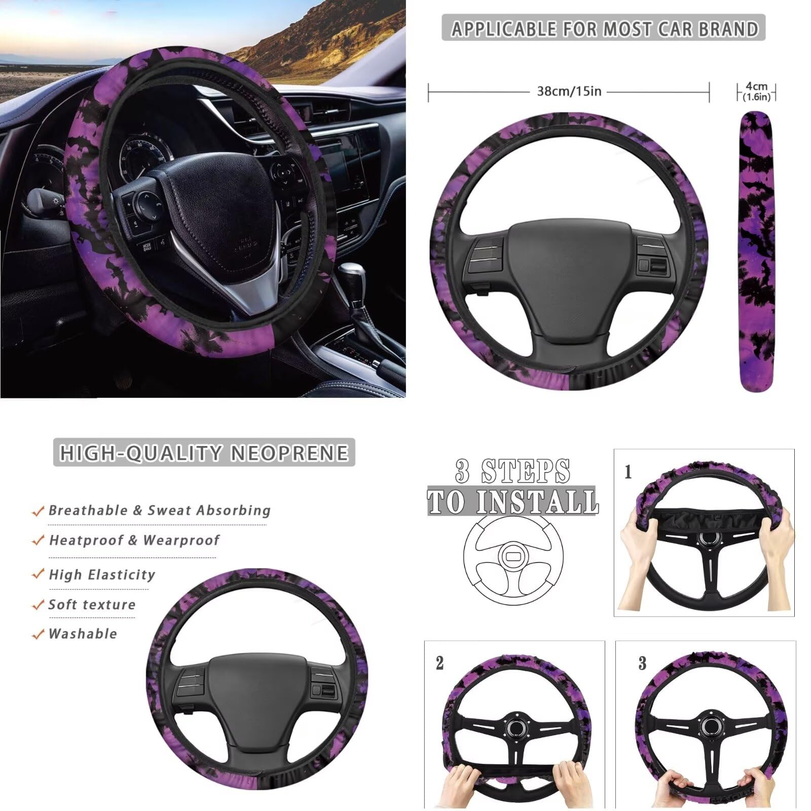 Set completo di 12 coprisedili per auto, motivo pipistrello, coprivolante + sottobicchiere + portachiavi + braccioli imbottiti, per donne e uomini, universale, per interni automobilistici,