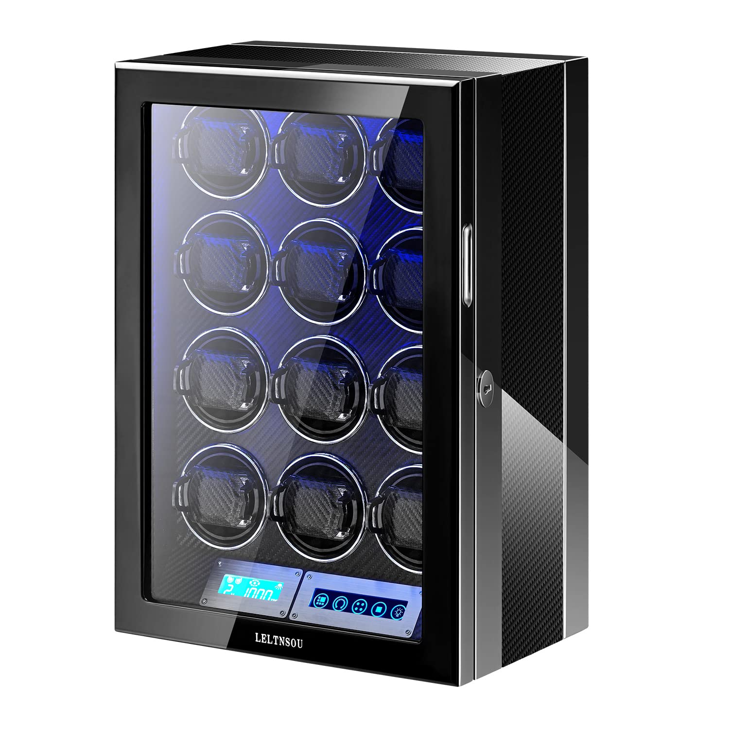 LELTNSOU Watch Winder for 6/12 Winding Spaces Automatic Watches, Ultra-Quiet Japanese Motors, Built-in LED Illumination and LCD Touchscreen Control (Carbon 12 Watches)