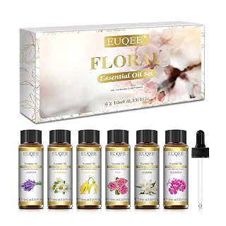 EUQEE Floral Essential Oils Set 6 Pure Essential Oil Scented Oils Flower Fragrance Oil for Diffusers, Soap Candle Making- Lavender, Rose, Ylang Ylang, Jasmine, Geranium, Chamomile Aromatherapy Oils - Amazon product rated Grade A
