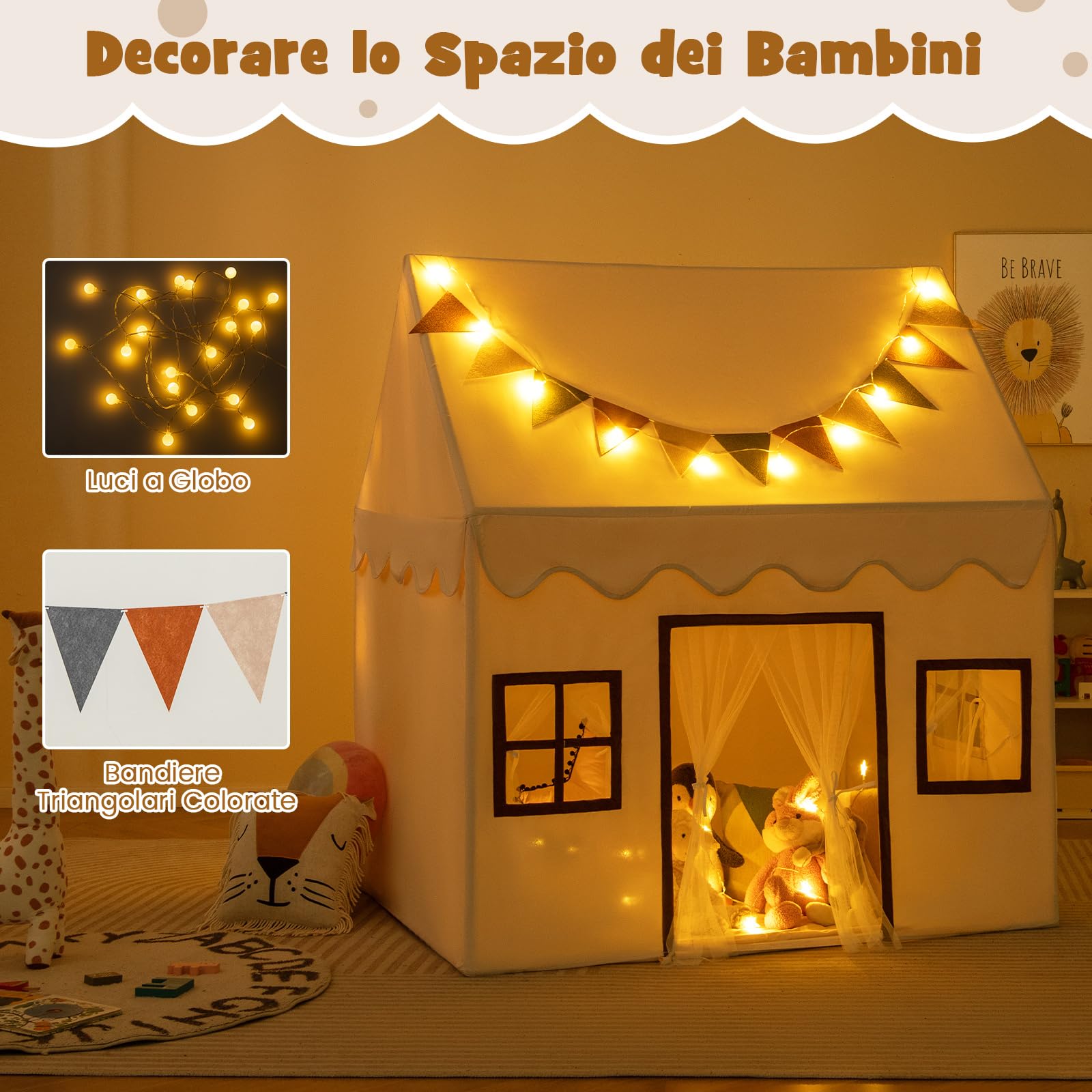 RELAX4LIFE Tenda da Gioco con Tappetino Imbottito, Casa Gioco per Bambini con Luci a Stringa e Bandiere Colorate, 3 Finestre e Tende in Rete, Casa Gioco per Interni ed Esterni per Bambini 3 ANNI+