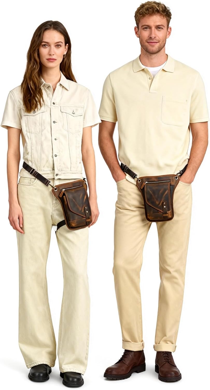 Water Resistant Canvas + Leather Motorcycle Fanny Waist Pack One Shoulder Drop Leg Thigh Bag For Men Women FB211-6 - Image 2