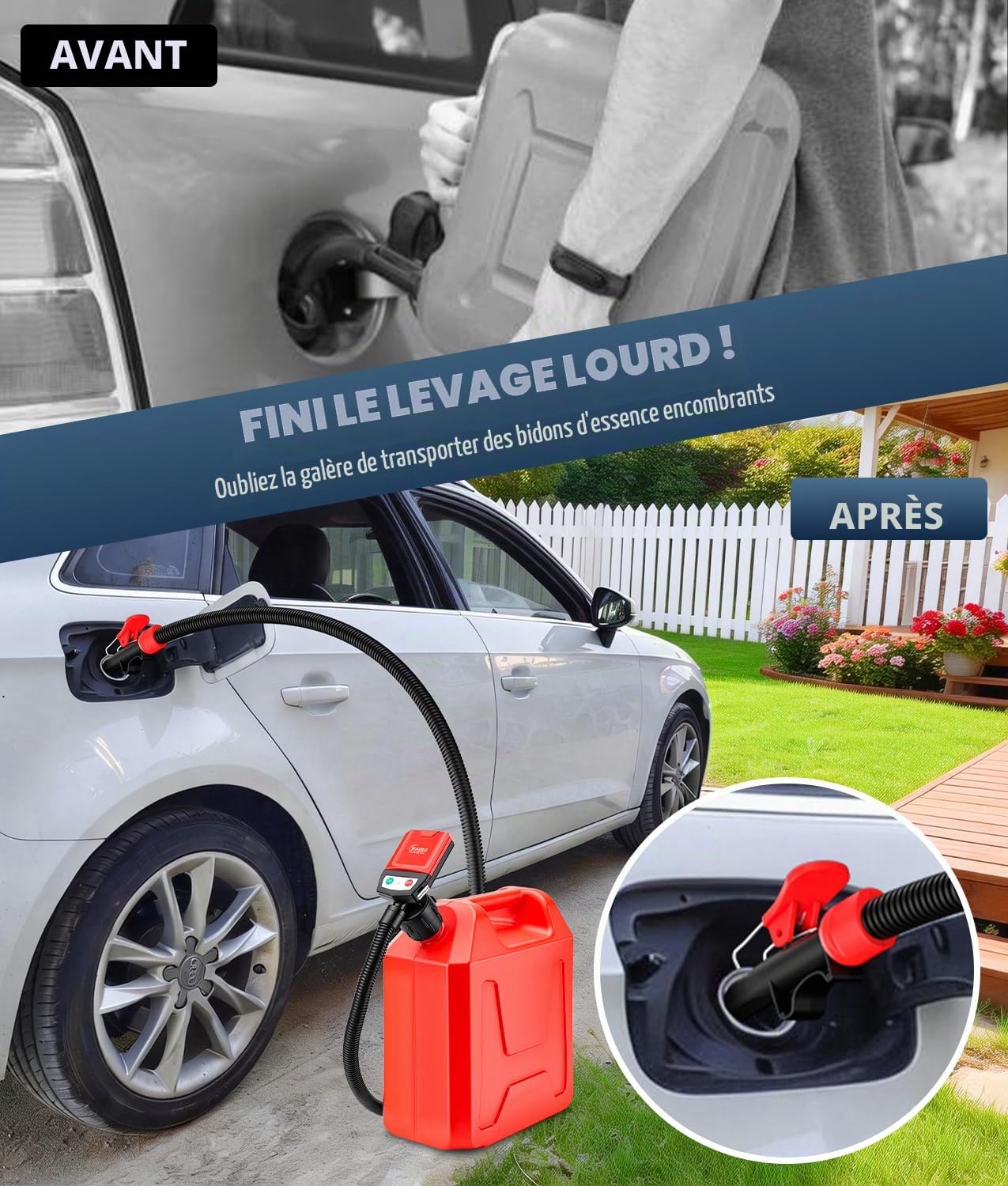 WADEO Pompe de Transfert, Arrêt Auto 15L/min, avec Câble USB de 3m, Tuyau 1.3m + 4 Adaptateurs, Pompe Portable pour Essence/Diesel/Huile/Eau pour Voiture, Tracteur, Motocyclette, Bateau