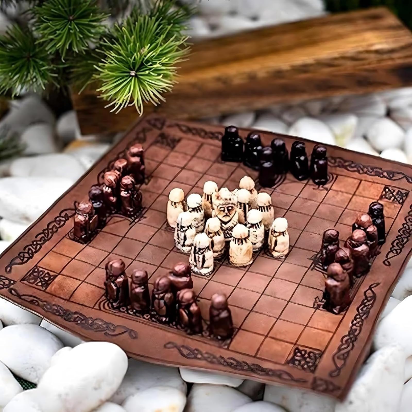 Hnefatafl Viking Chess Set, Traditional Norse Strategy Game with Leather Board and Resin Pieces, Compact Historical Board Game for Adults