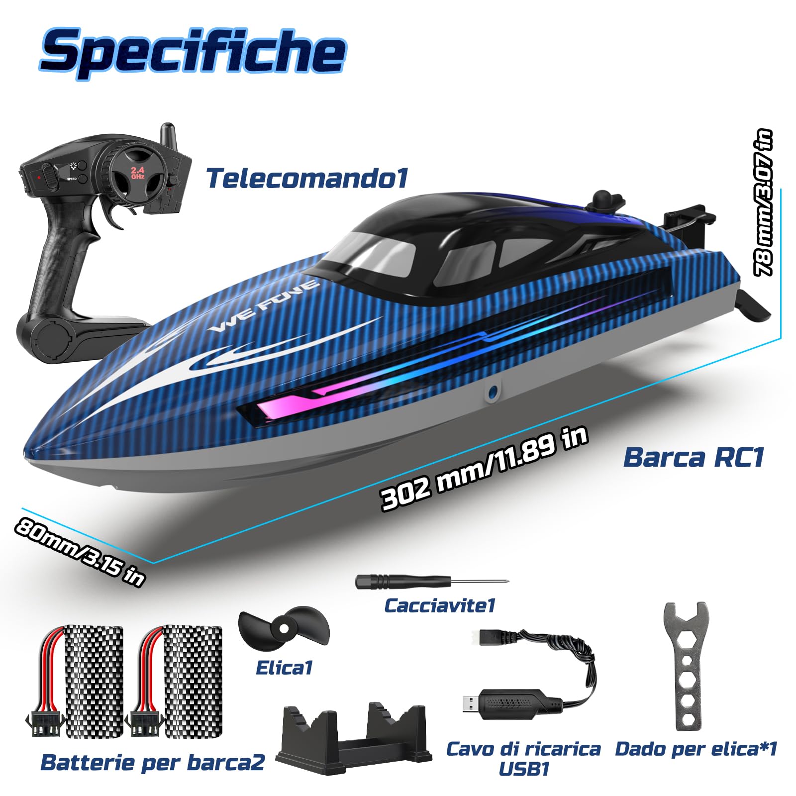 WeFone Barca telecomandata per adulti, 25+ KMH Fast RC Speed Boat con luce LED per bambini, Demo, WF17 Ideale per piscine e laghi giocattolo, 2 batterie ricaricabili per 30-40 minuti (blu)