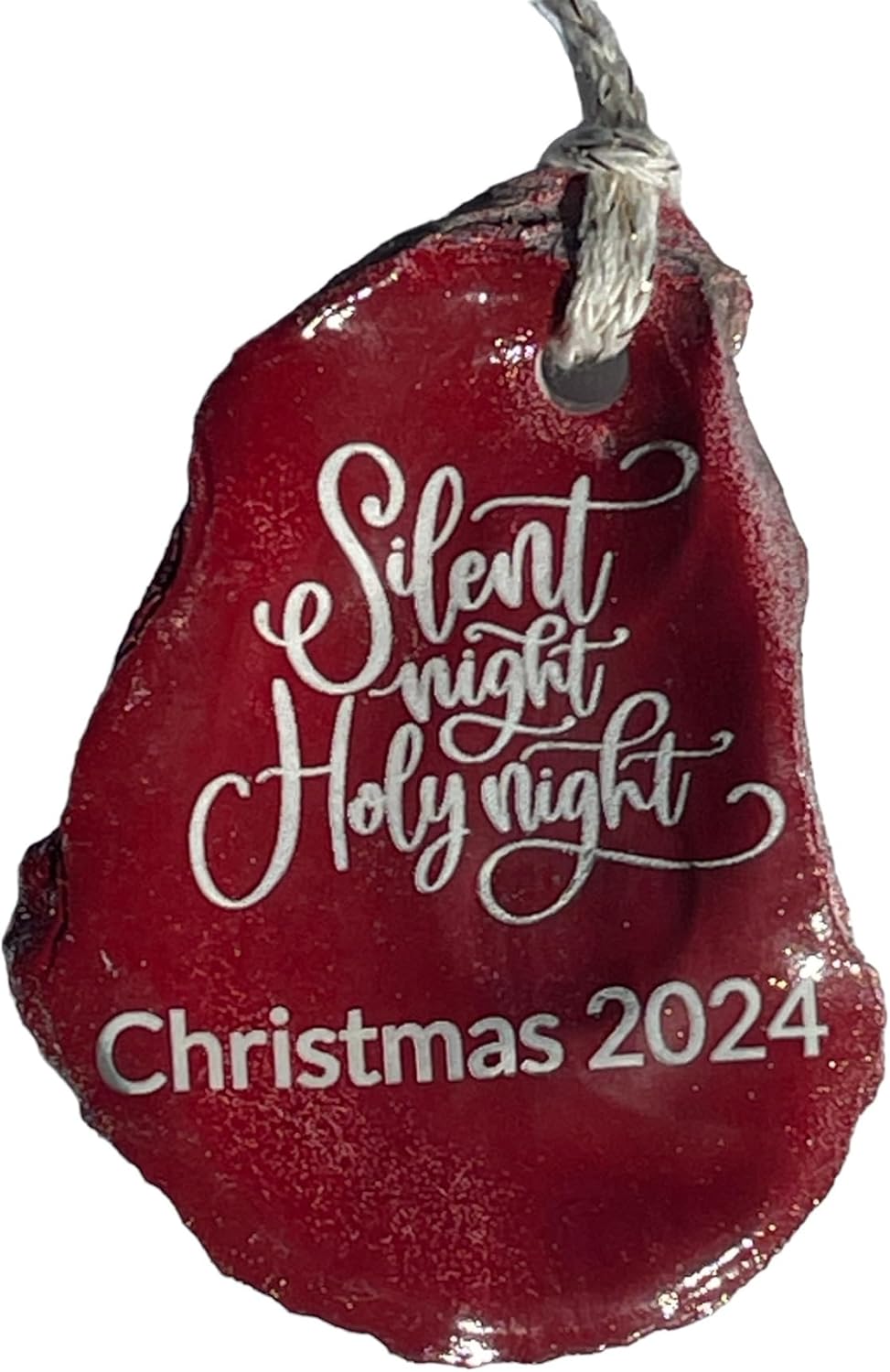 Handmade Christmas Ornament, Oyster Shell, Handpainted, Laser Engraved with Words: Silent Night Holy Night, 2024 (Dark Red)