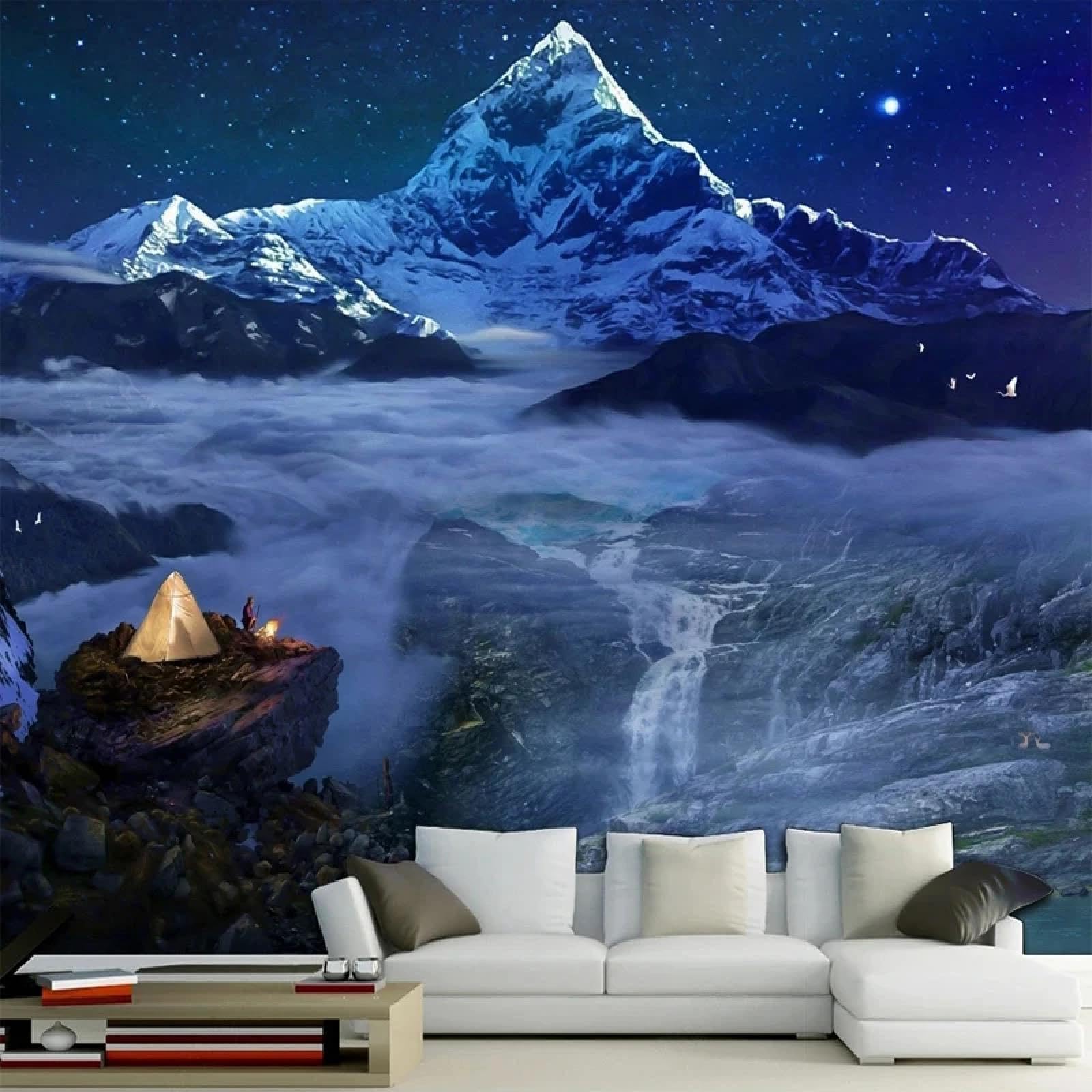Papier peint mural 3D salon avec cascade et montagne enneigée pour votre intérieur