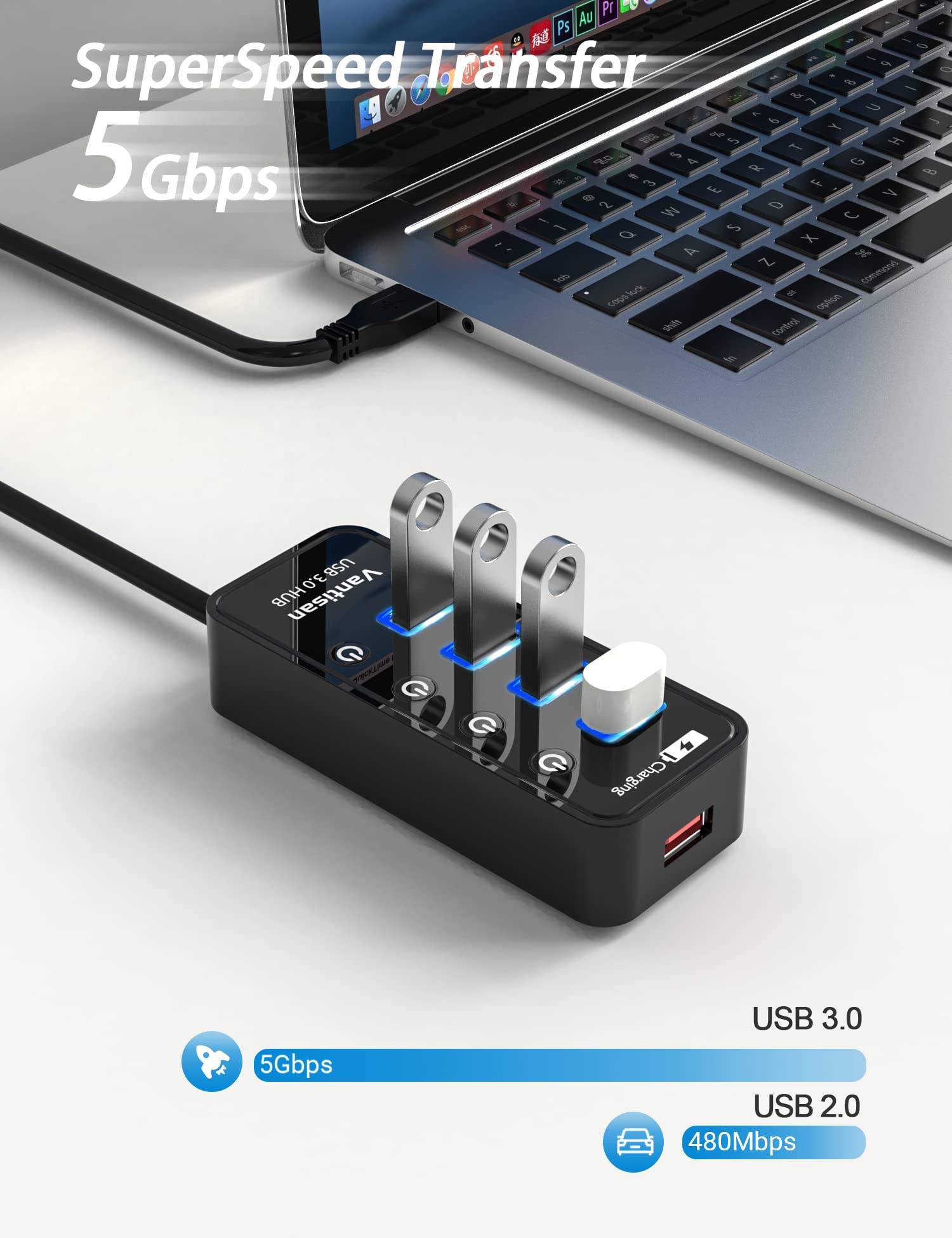 vantisan 4 porty USB 3.0 Hub zasilany z zasilaczem 5 V/3 A