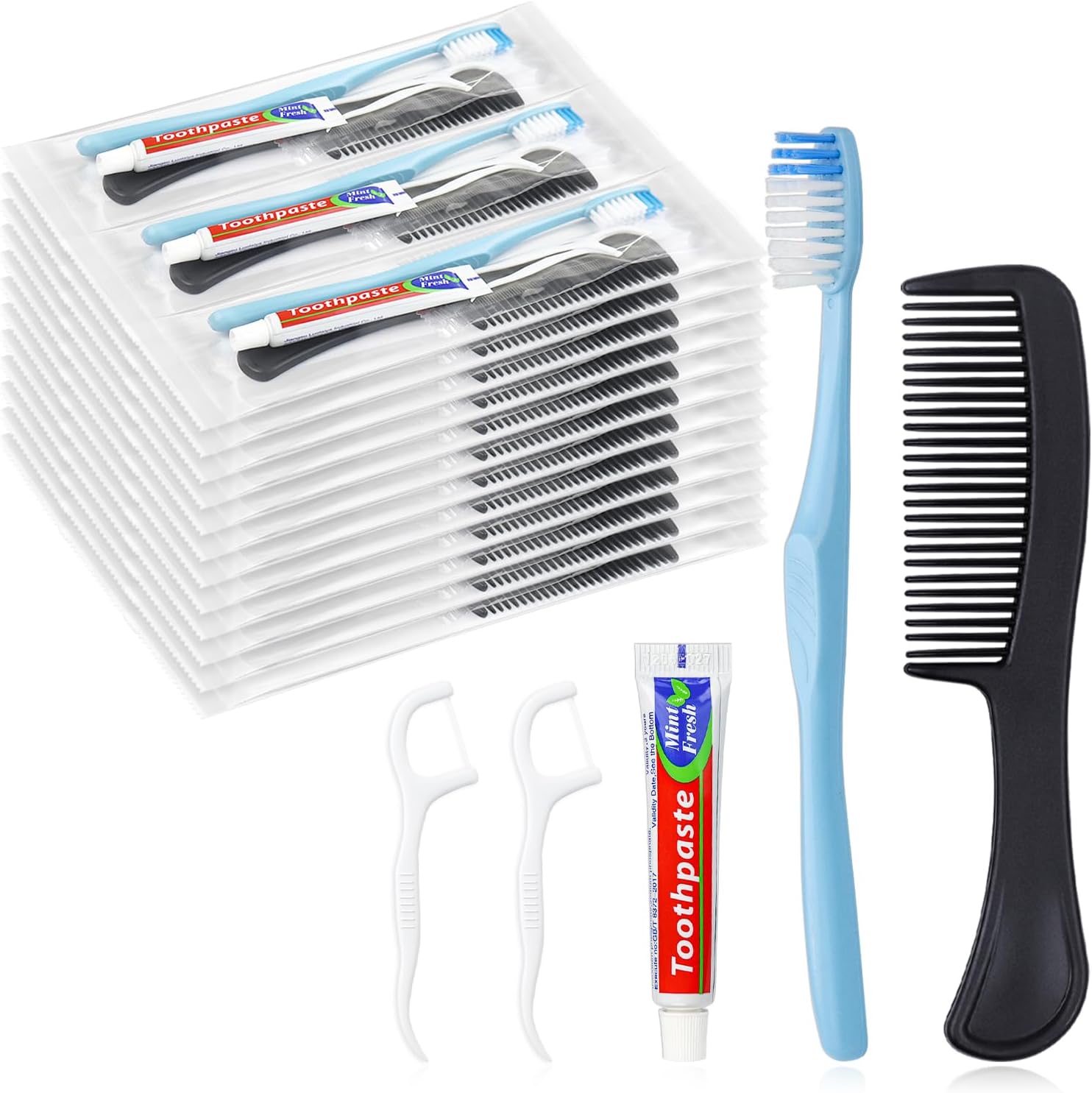 50 Sets Disposable Toothbrushes with Toothpaste Floss Comb Individually Wrapped, Disposable Toothbrush Bulk, 10g Toothpaste,Dental Floss,6in Comb Bulk Toothbrush Kit for Homeless,Airbnb,Hotel