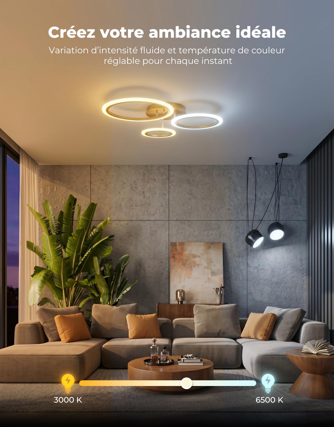 Plafonnier LED Intelligent Dimmable 3 Anneaux, Luminaire Plafond Moderne 19W 1900LM, Contrôle App/Alexa et Télécommande, Éclairage Ultra-Plat pour Chambre, Salon, Or