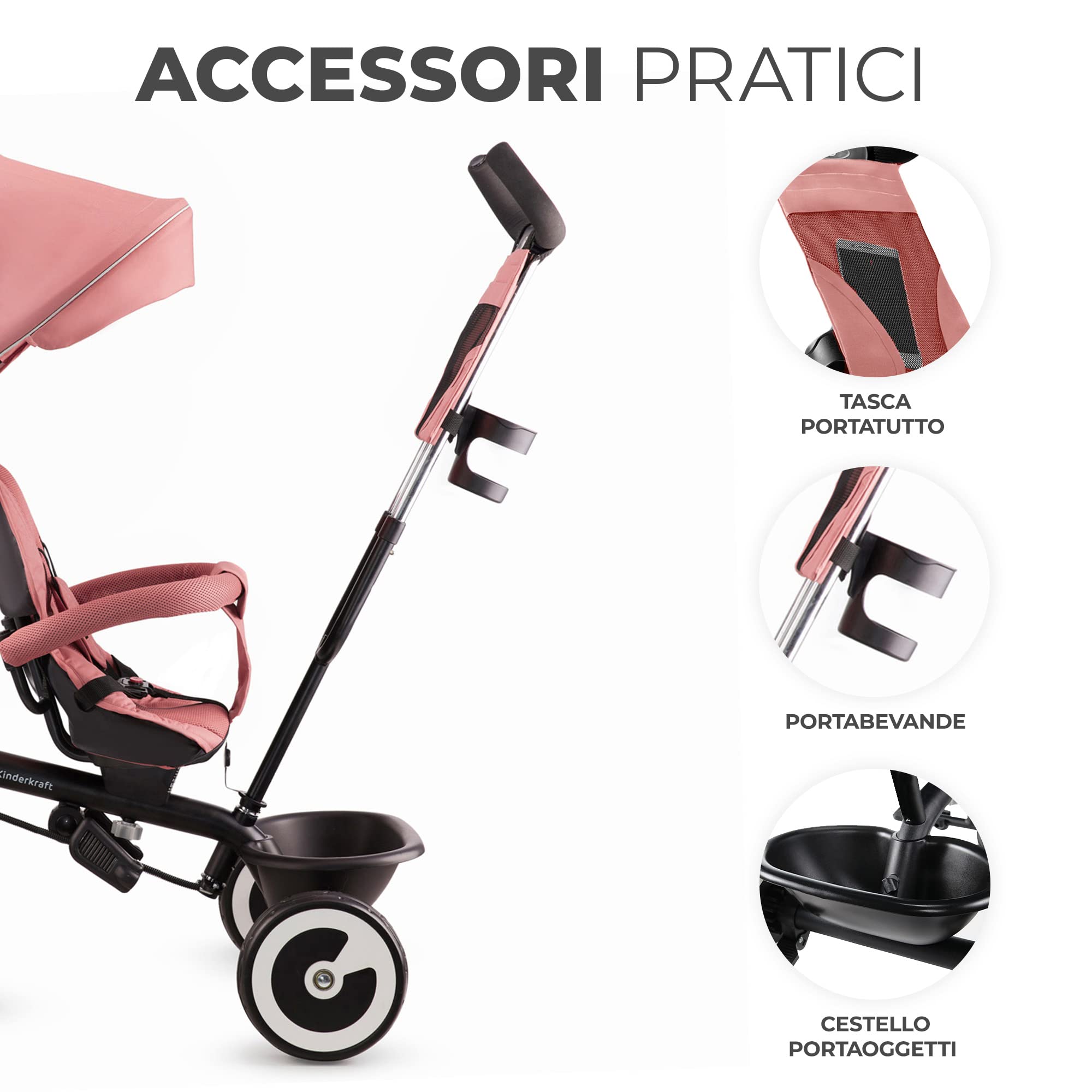 Kinderkraft ASTON Triciclo bambini dai 9 Mesi fino 25 kg, Passeggino con Maniglione regolabile, Bici, Sedile girevole Fronte Mamma e Strada, Cappottina pieghevole, Ruota libera, Rosa