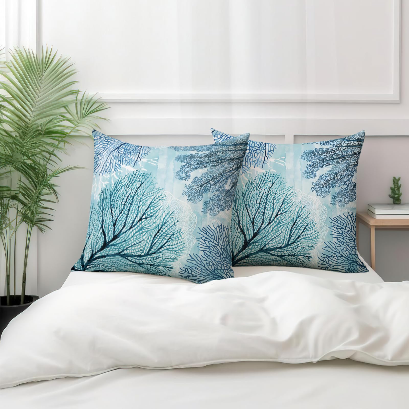 Blue Ocean Coral - Juego de 2 fundas de almohada de 16 x 16 pulgadas, fundas de almohada costeras náuticas para el hogar, dormitorio, sofá, decoración del coche