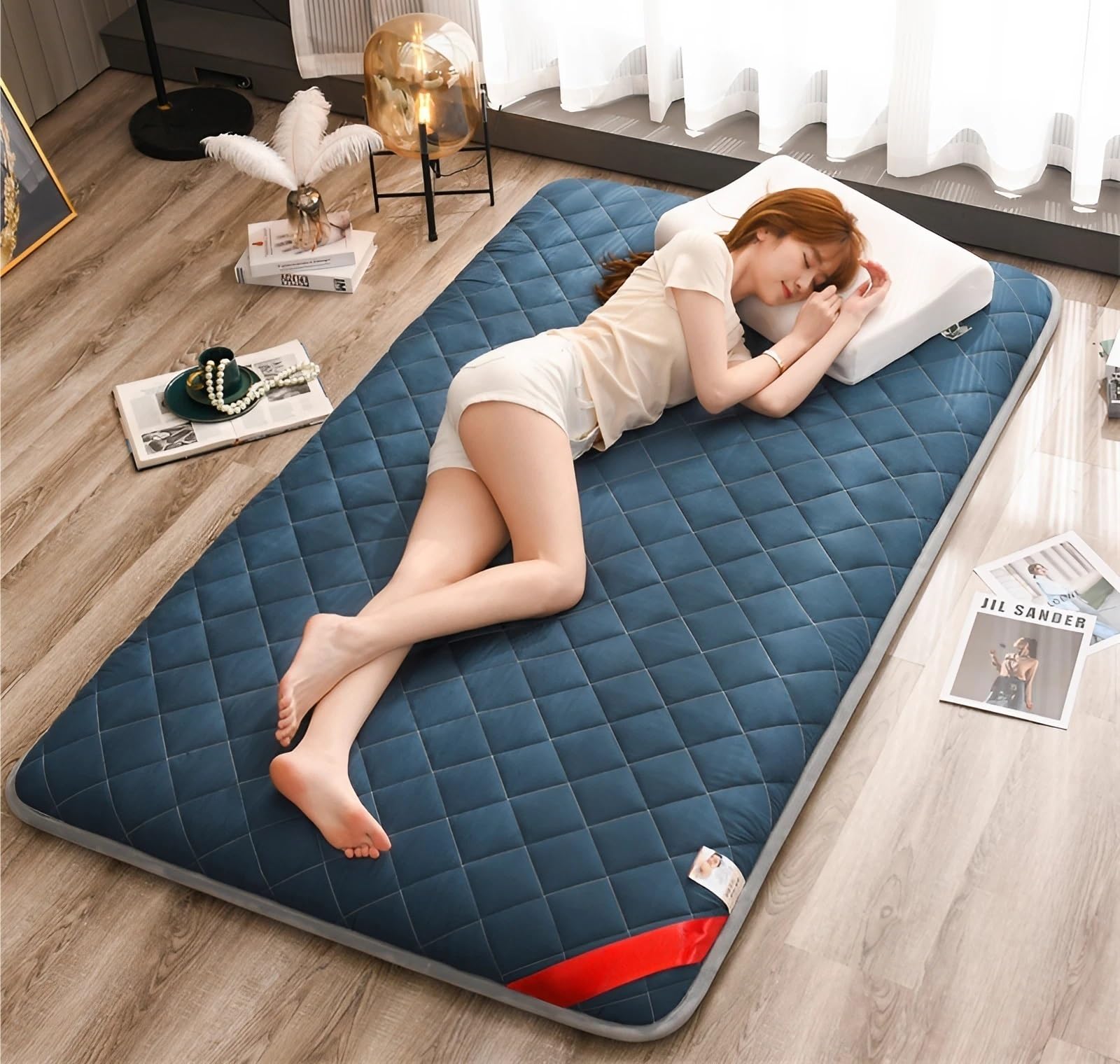 Japanische Futon Matratze Bodenmatratze Extra Dick - Faltbare Tatami-Matte als Boden Bett, Weiche & Atmungsaktive Schlafmatte für Gästezimmer, Wohnheim - rutschfest & Tragbar(Blue,90 x 200 cm)