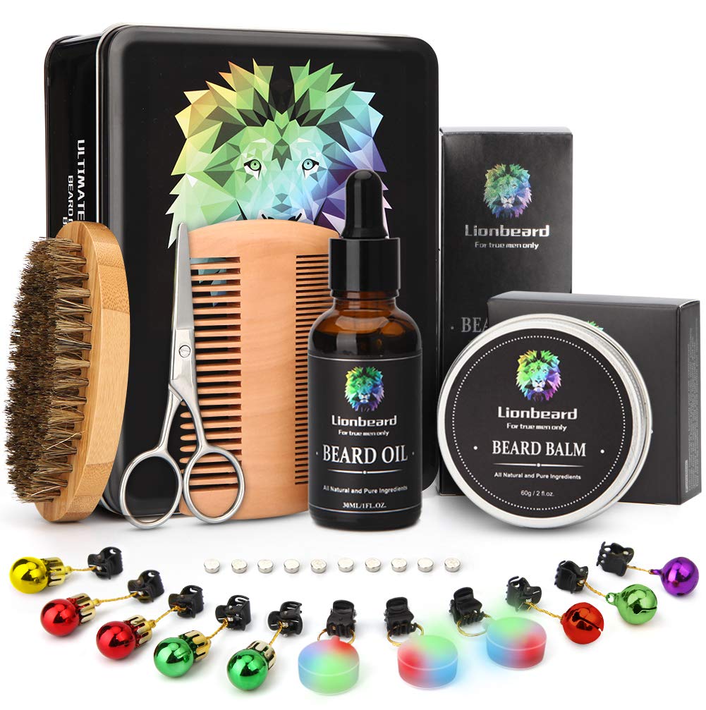 IsnerMile Beard Grooming Kit in Premium Metal Box with Beard Growth Oil, Balm, Bristle Brush, Double Sided Comb, Trimming Scissors & Shaping Tool, Perfect Gifts for Dad Fathers Him Men Man Boyfriend