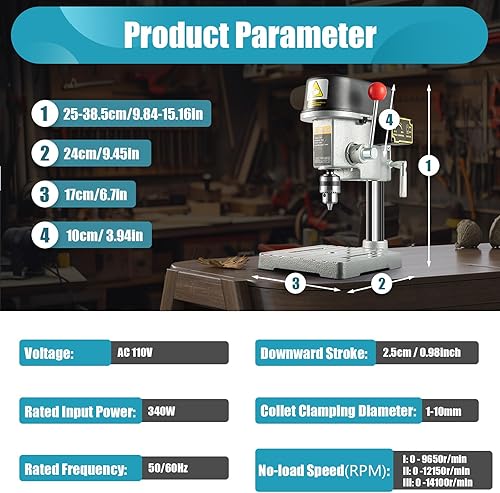 Miniatura 3 de Prensa de taladro Mini banco de prensa de taladro portátil Prensa de taladro velocidad variable 0-16000rpm 3 velocidades 0.039 in-0.394 in 340W
