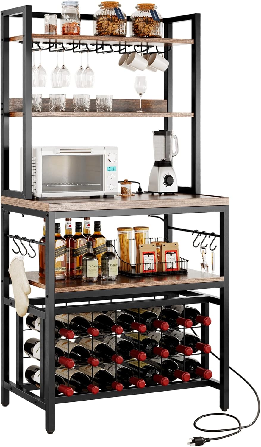 YITAHOME Kitchen Microwave Bakers Stand 31 Inches Wine Rack Free Standing Small w Storage for Liquor Glasses Power Outlet Tall Farmhouse Utility Shelf Pantry Dining Room Coffee Bar Hutch, Rustic Brown