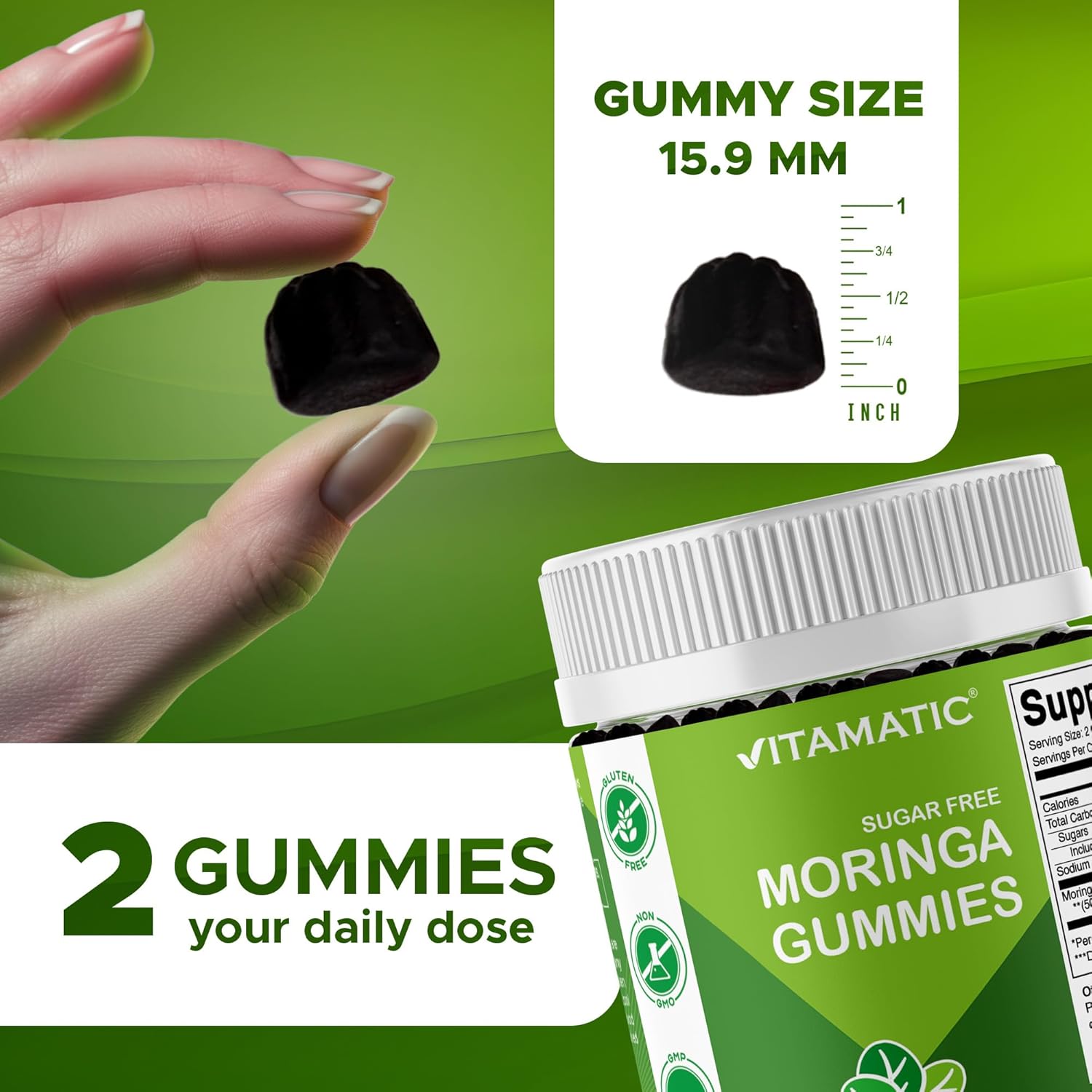 Vitamatic Sugar Free Moringa Gummies - 50:1 Extract 200 mg - Complete Green Superfood - 240 Pectin Based Gummies - Image 3