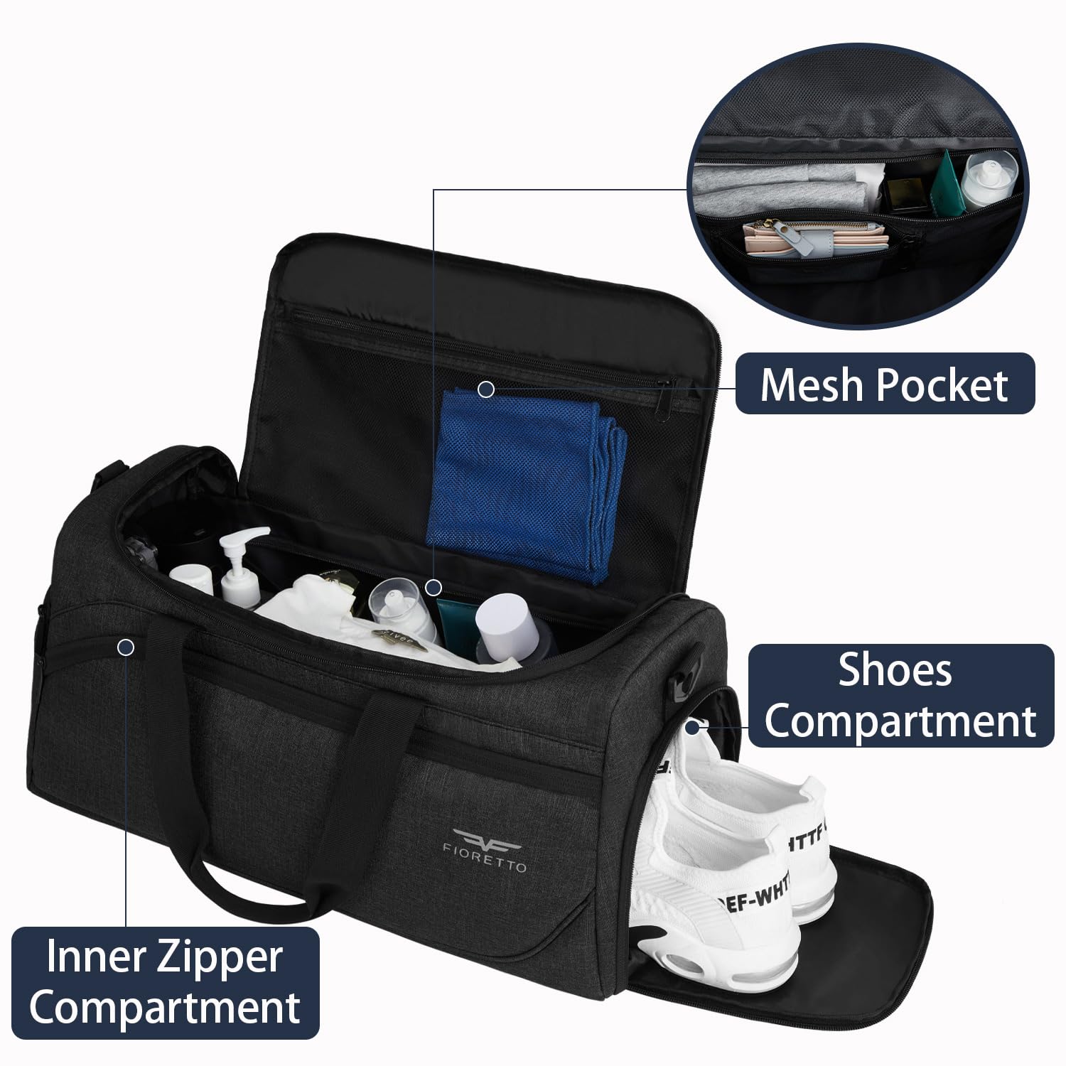 FIORETTO 50L Mens Sports Gym Bag with Wet Pocket & Shoe Compartment,Travel Duffle Bag Overnight Bag with Padded Shoulder Strap - Image 2