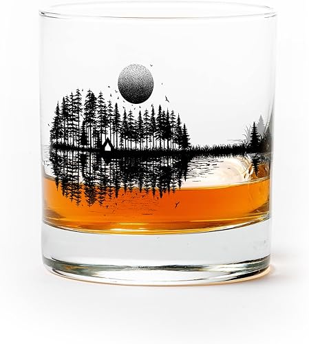 Vista 38 de Black Lantern Single Whiskey Glass - Forest Landscape- 11oz. Low Baller Tumbler Solid Base - Bourbon Glass - Cocktail & Everyday Use Drinking