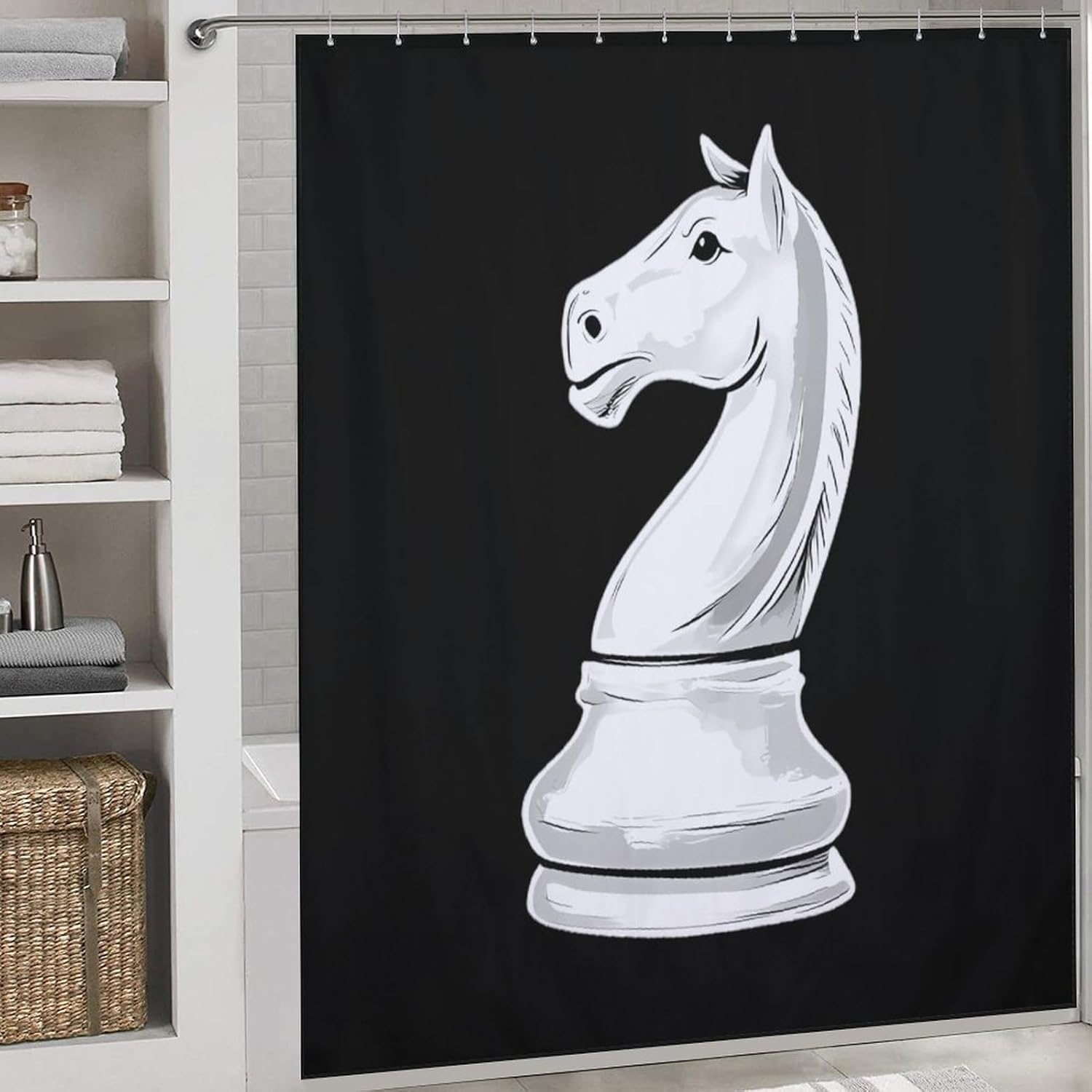 White Chess Pieces Funny Shower Curtains Washable Bath Curtain Liner with Hooks for Bathroom Bath Tubs