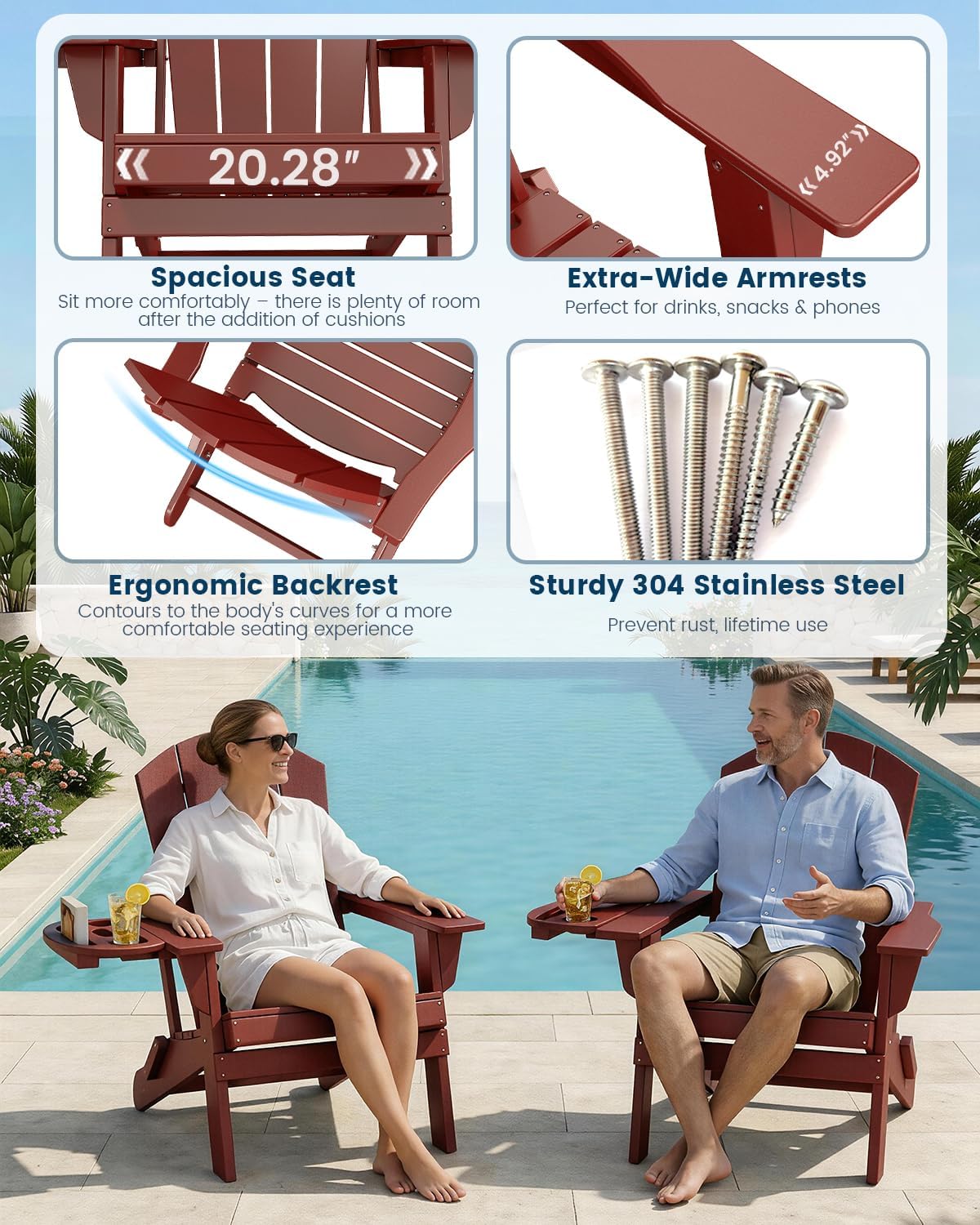 FOOWIN Folding Adirondack Chair Set of 4, HDPE Adirondack Chairs with Cup Holder, Weather Resistant Plastic Fire Pit Chairs for Outdoor, Patio, Lawn, Garden, Backyard, Deck, Red