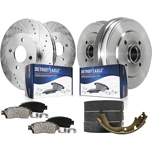 Detroit Axle - Brake Kit for 2012-2019 Nissan Versa Note 2015-2017 Micra, Front Drilled Slotted Disc Brake Rotors Ceramic Brakes Pads, Rear Brakes Drums Brakes Shoes Replacement : 10.24" inch Rotor
