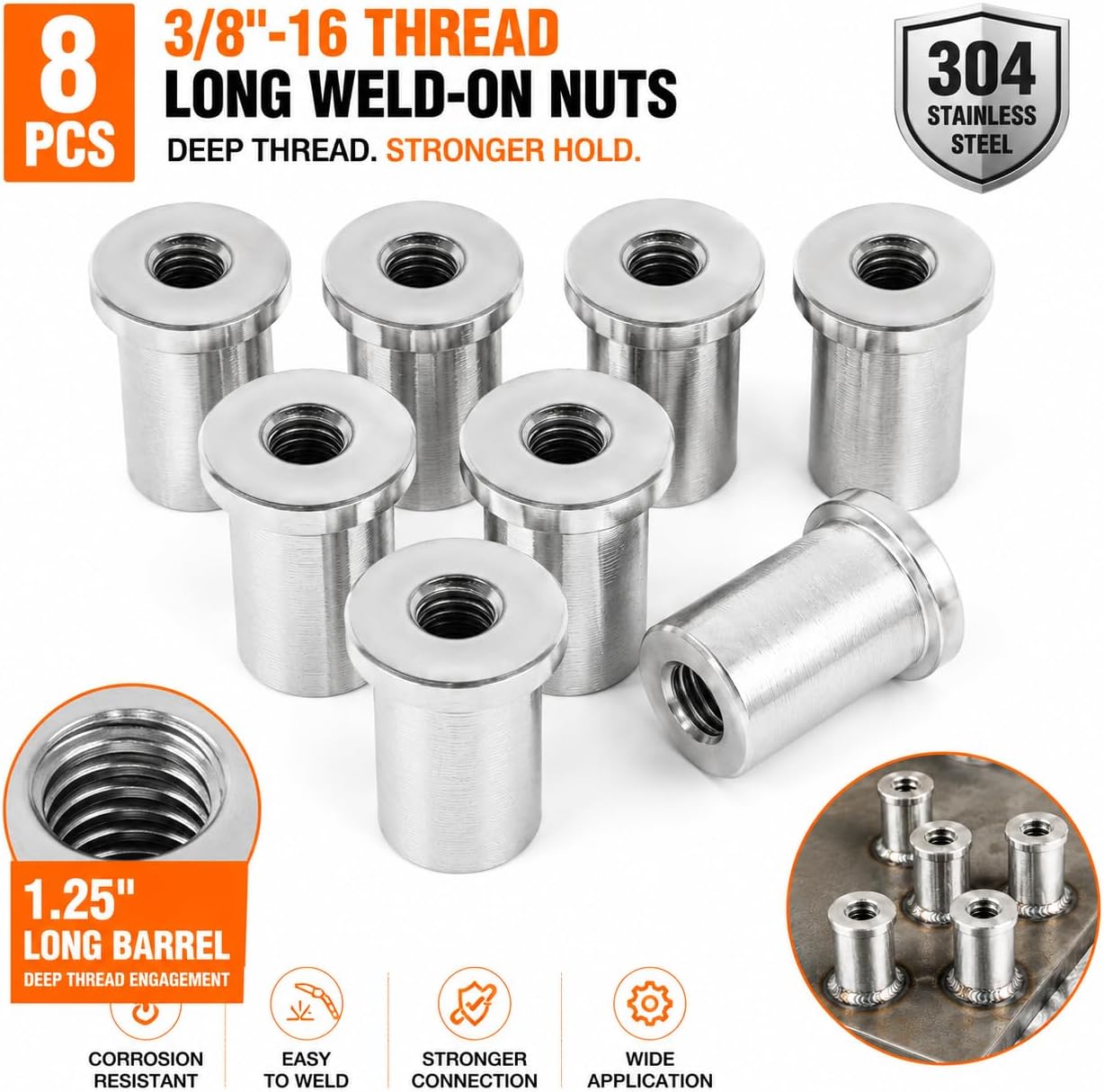 3/8”-16 Long Weld-On Bung Nut, 8PCS Stainless Steel Threaded Weld Bungs with Stepped Shoulder, Female Weld Nut Tabs for Chassis, Roll Cage, Automotive Fabrication & Custom Mounting