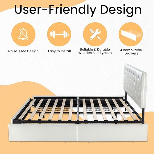 Miniatura 7 de SHA CERLIN Base de cama tapizada tamaño King con 4 cajones de almacenamiento, cabecera ajustable con diseño de botón cosido de diamante, soporte de