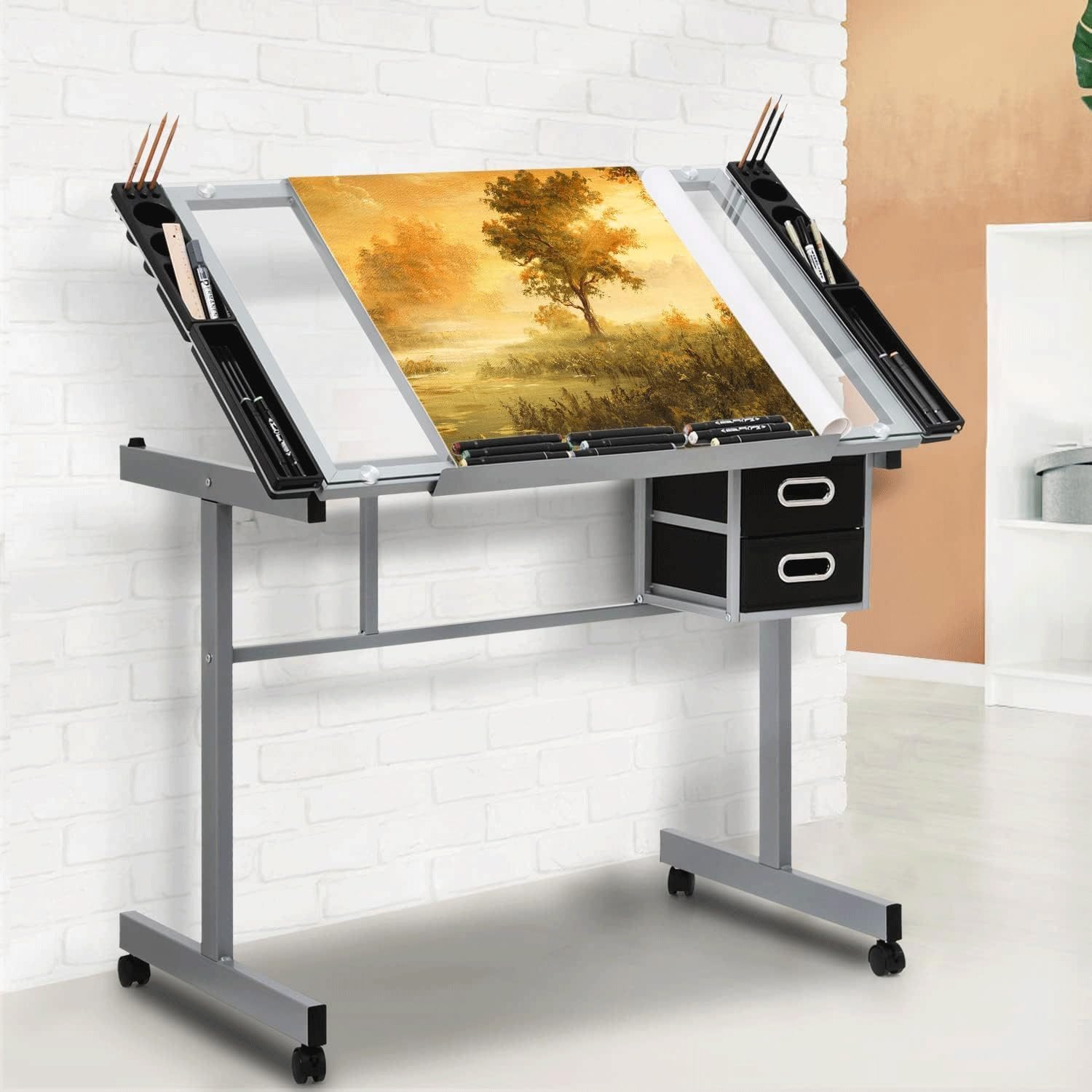 Drafting Table, Multi-Functional Office Desk, Tempered Glass Desktop, Adjustable Angle, with 360° Casters | for Drafting, Reading, and Office Work - with Side Storage and Drawers