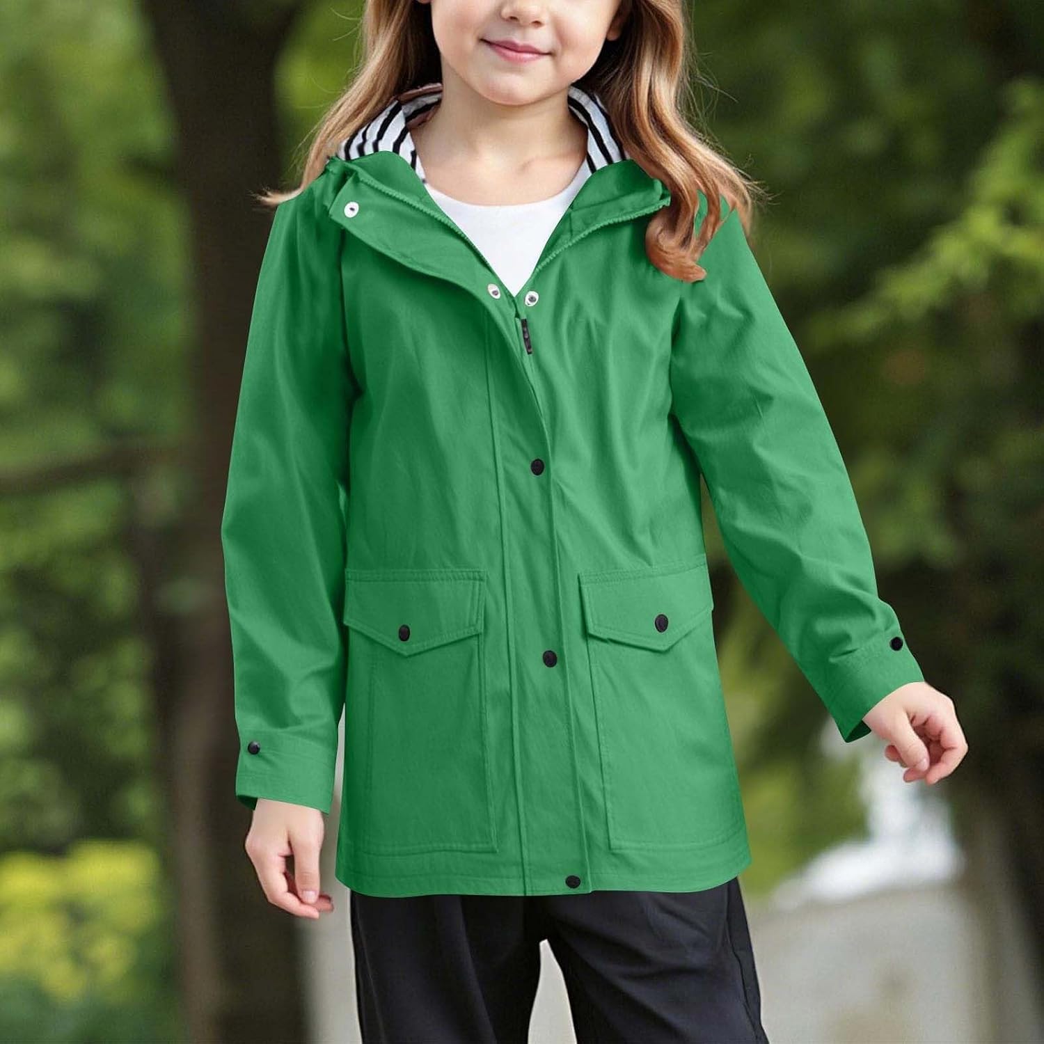 Boys Girls Hooded Jacket Waterproof Raincoat Full Zip Button Front Closure Rain Jacket Windbreaker with Button Flap Pockets