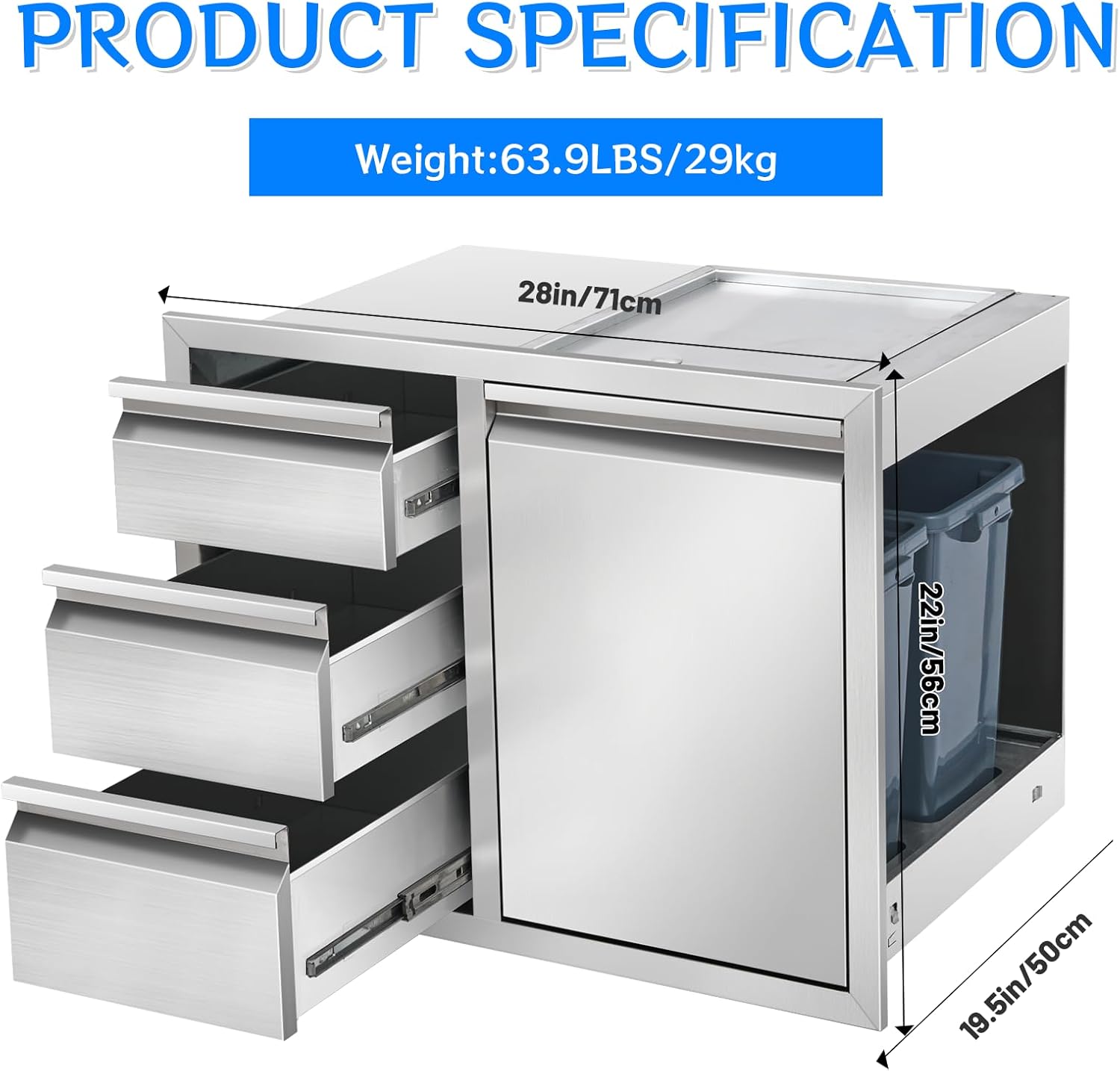 Outdoor Kitchen Drawer Combo, Stainless Steel Triple Drawer Cabinet with Built-in Trash Bin Drawer & Two Trash Cans, 28" W x 22" H x 19.5" D Outdoor Kitchen Storage for BBQ Grill Islands