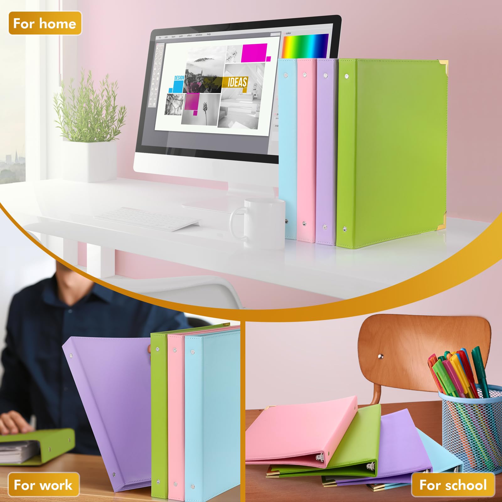 Ctosree Lot de 4 classeurs à 3 anneaux de 1,3 cm avec poches, pour format lettre de 27,9 x 21,6 cm, capacité de 100 feuilles, classeur à anneaux ronds en laiton pour bureau, maison, école