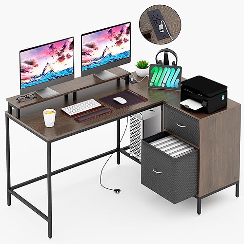 Edbuosy Escritorio en forma de L de 54 pulgadas con cajones de archivos, escritorio para computadora de oficina con tomacorriente, estante para