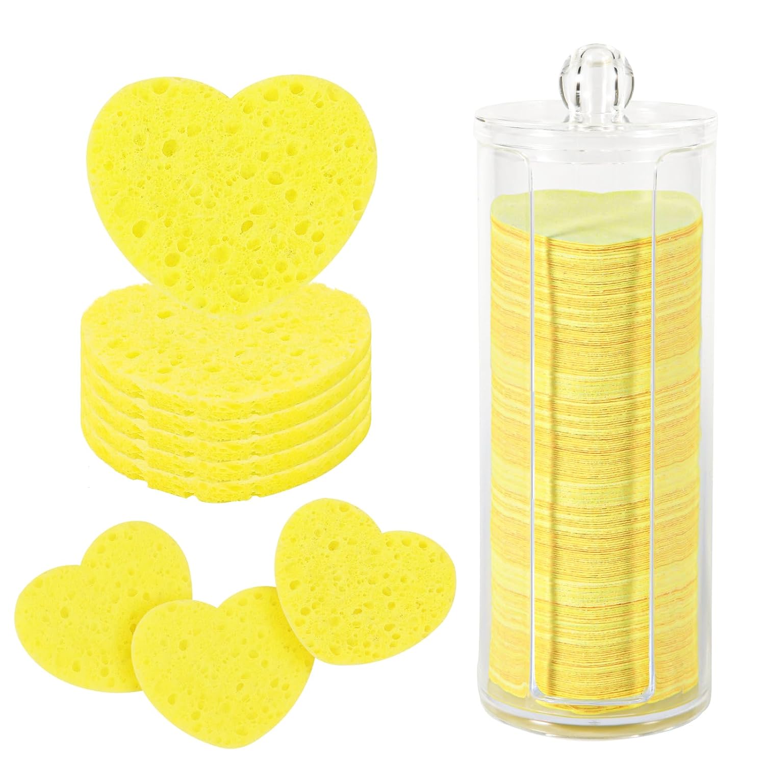 PEUTIER 120pcs Facial Sponges, Compressed Facial Sponges with Container Heart Shape Face Sponges Sponge Pads for Face Cleaning Removing Makeup Exfoliating (Yellow)