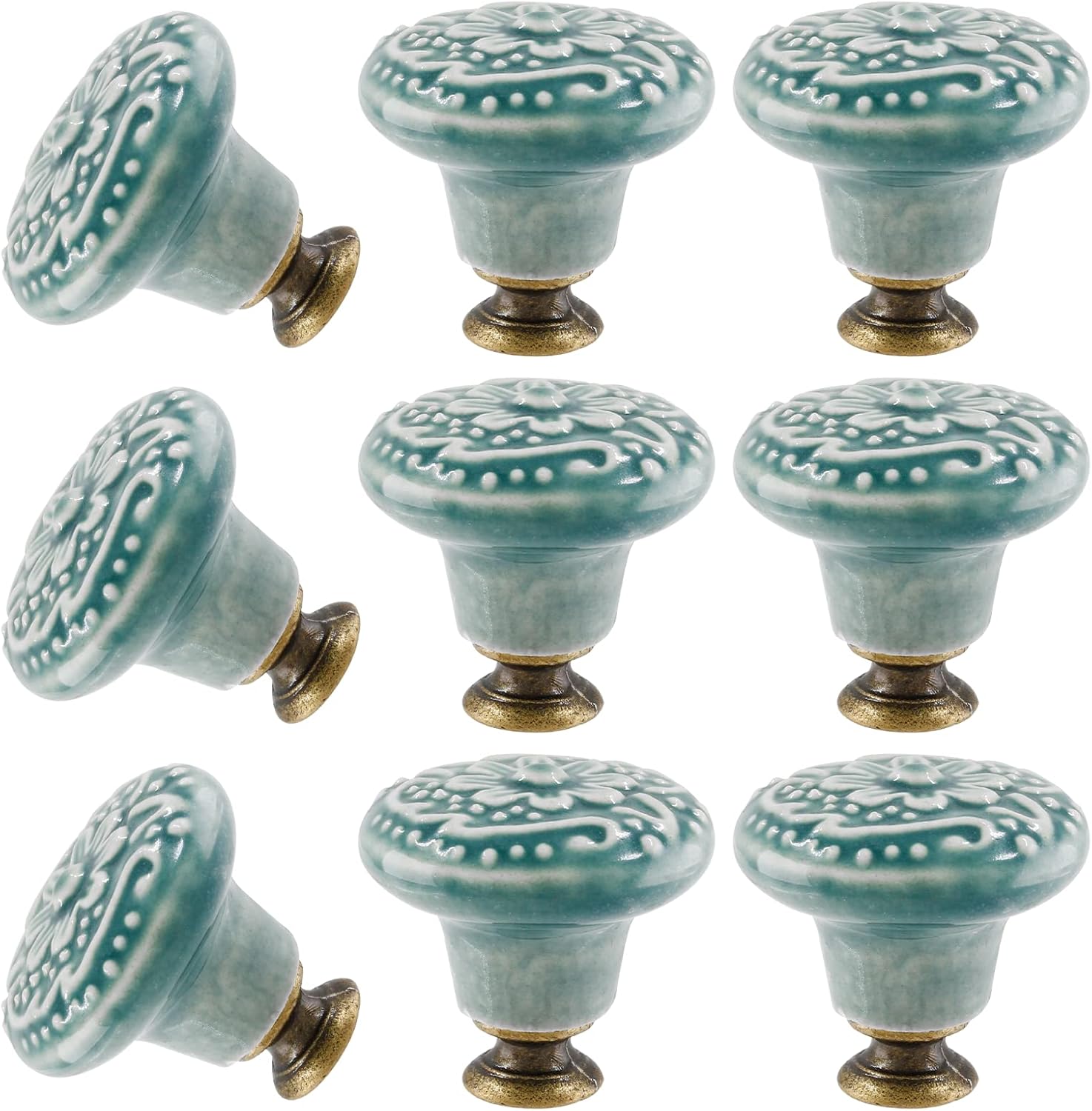 8pcs Green Ceramic Knobs, Vintage Kitchen Cabinet Pulls, Retro Ceramic Dresser Knobs, Decorative Drawer Pull Handles for Closet, Cupboard, Furniture Door Knob