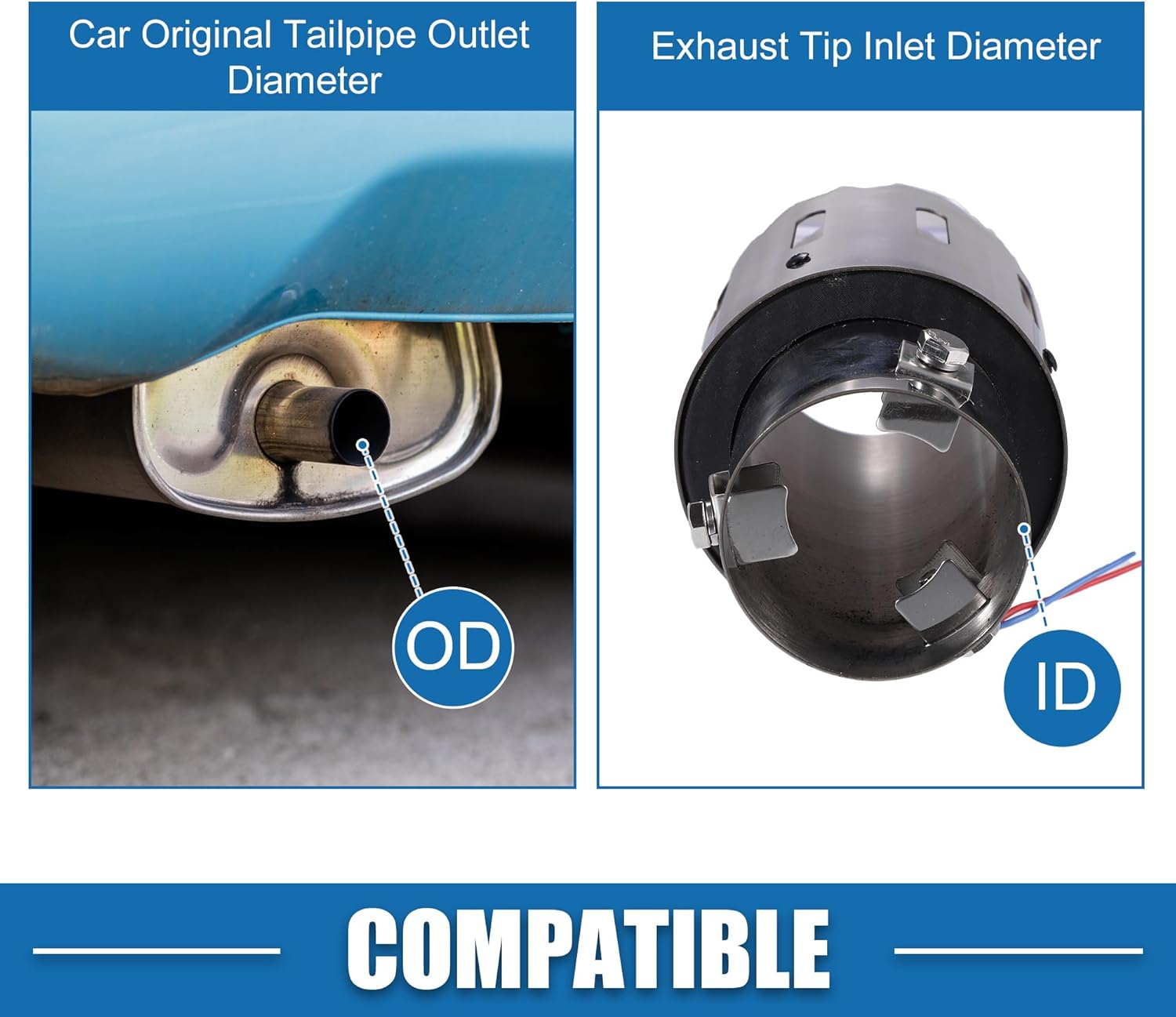 Car Exhaust Tip Tail Pipe with Red LED Lights Adjustable 1.2-2.2Inch Inlet 6.7Inch Length Bolt-On Muffler Tip Stainless Steel Silver Tone