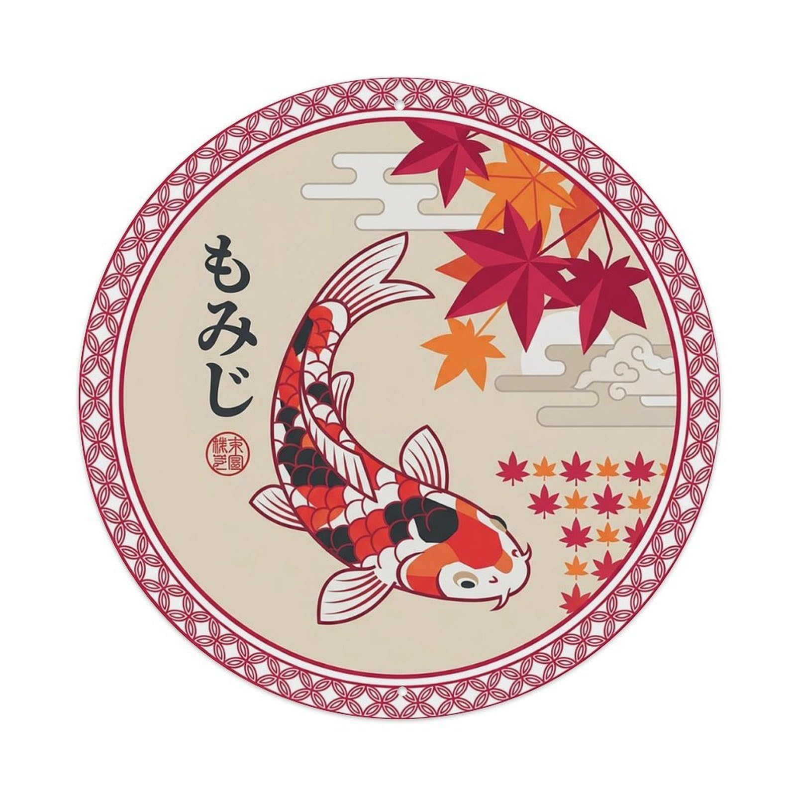 Yrnq 8X8inch Vintage Style Maple Crimson Koi Fish Ukiyo-E Metal Tin Sign