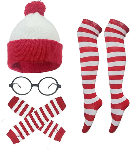 Red and White Striped Men Women Halloween Costumes with Red White Striped Stocking Gloves Knitted Hat and Black Round Frame Glasses for Adult Party Supplies Halloween Cosplay Costumes Accessories