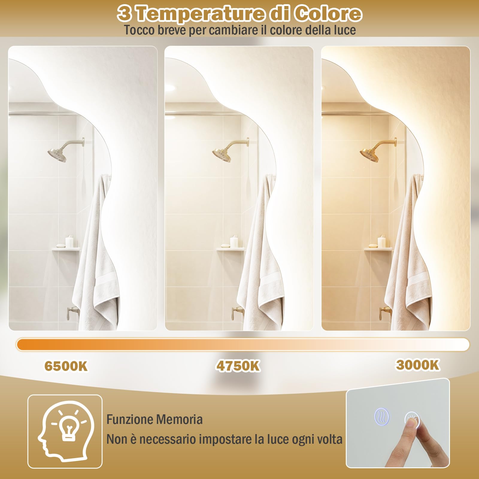 COSTWAY Specchio Irregolare Bagno con Luce 70 x 50 cm, Specchio Retroilluminato Bagno LED con Antiappannamento, Dimmerabile, 3 Colori Luce, Funzione Memoria, IP44, HD Vetro Temperato