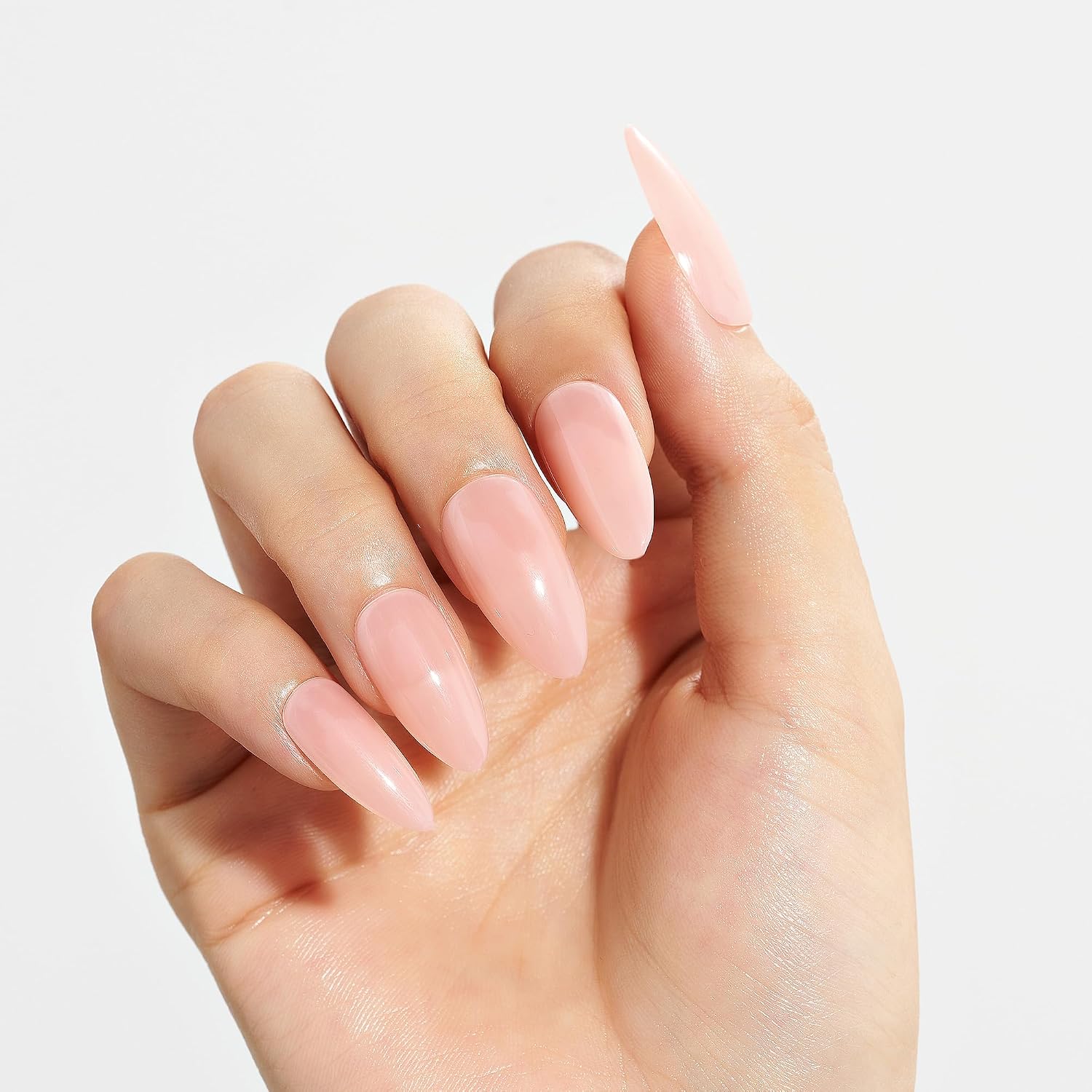 GLAMERMAID Coral Pink Press on Nails Medium Almond, Neutral Nude Jelly Gel Glue on Nail, Pure Light Baby Pink Short Stiletto Reusable Fake Nails, 30 Pcs Acrylic Oval False Nails Manicure Kit for Women