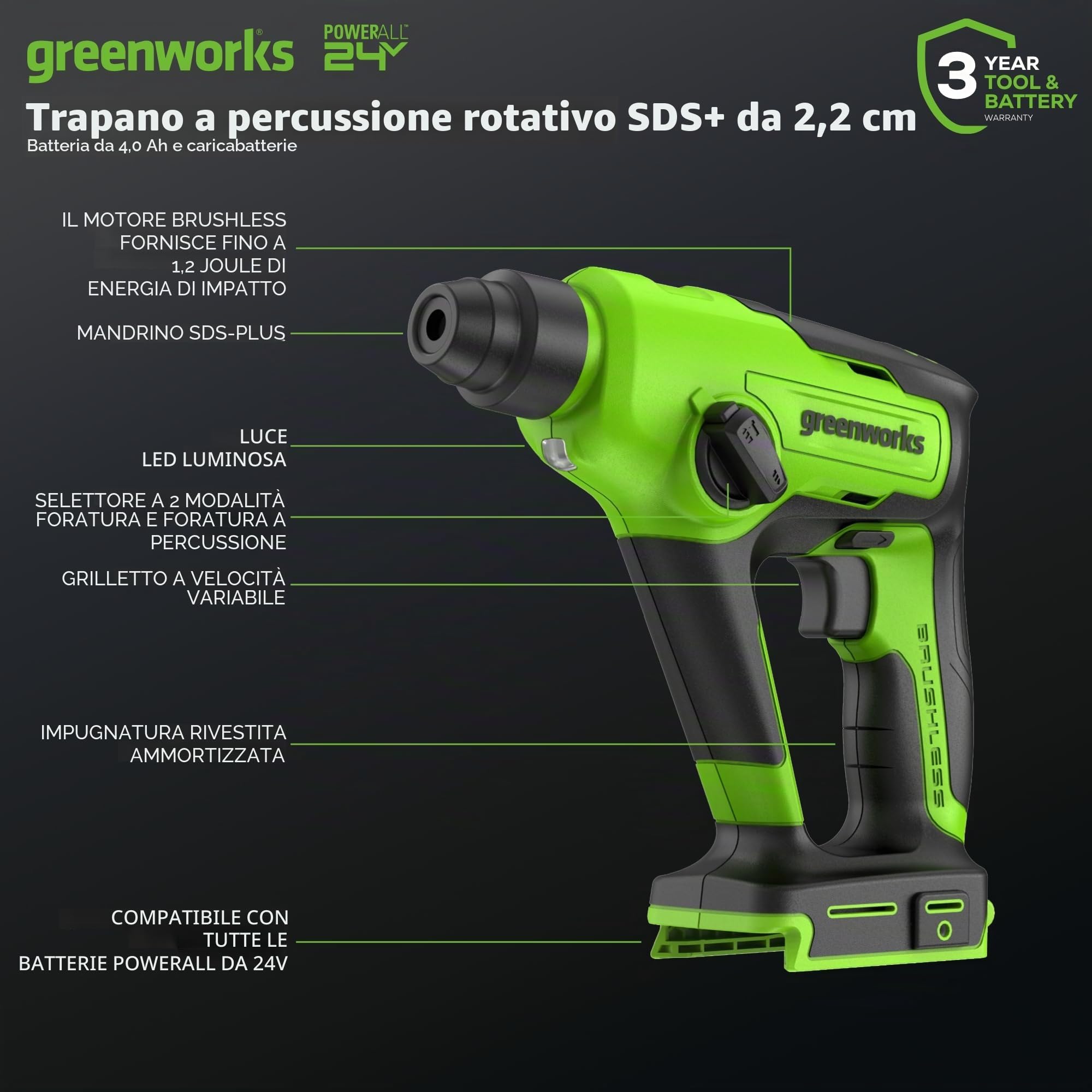 Greenworks Martello perforatore a batteria 24 V 1,2 J 300 Nm 2 Ah