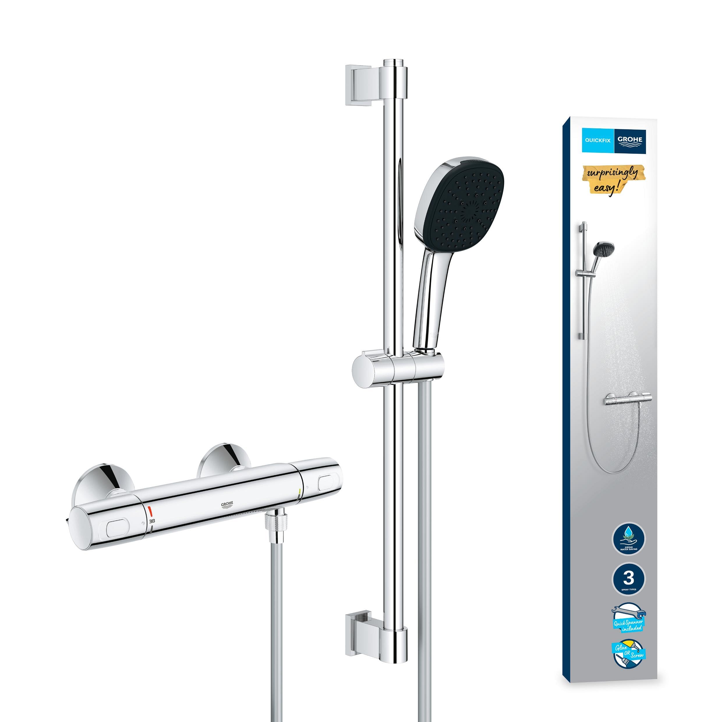 GROHE Precision Trend 34237003 zestaw prysznicowy z termostatem, oszczędzający wodę – 8 l na min (3 rodzaje strumienia, CoolTouch – bez oparzeń na termostatze, drążek prysznicowy 60 cm, w zestawie