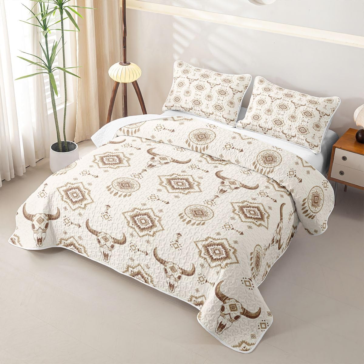 Castle Fairy Boho Western Quilt Set Queen Size,Boho Western Cowboy Dreamcatcher Bedding Set 3Pcs for Girls Boys Youth Room Decor,Bull Skull Quilted Bedspread Rustic Farmhouse Coverlet,2 Pillow Shams