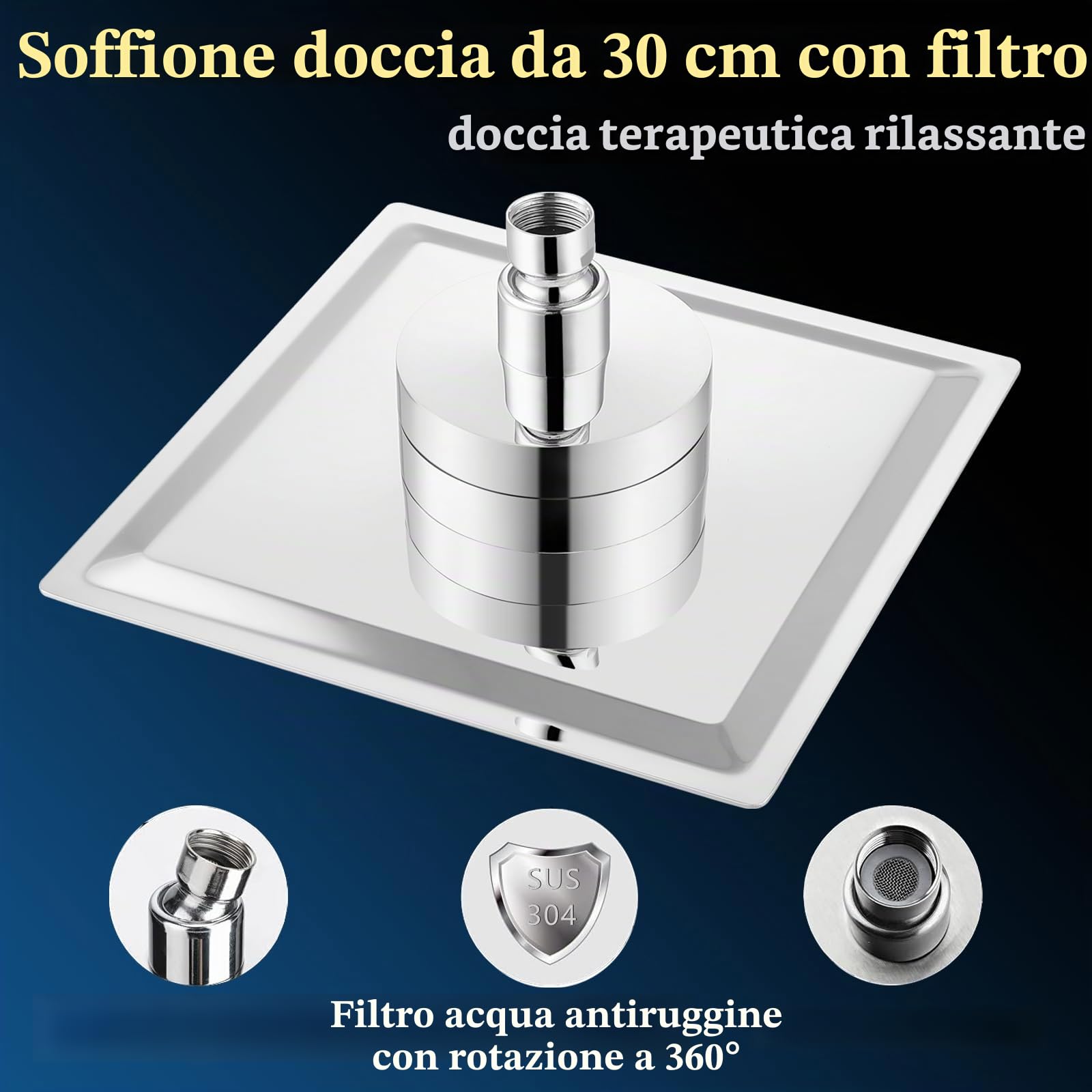 Soffione doccia filtrato, 30cm, soffione doccia di lusso, ammorbidisce l'acqua dura, migliora la condizione della pelle e dei capelli, design integrato con filtro, cromato