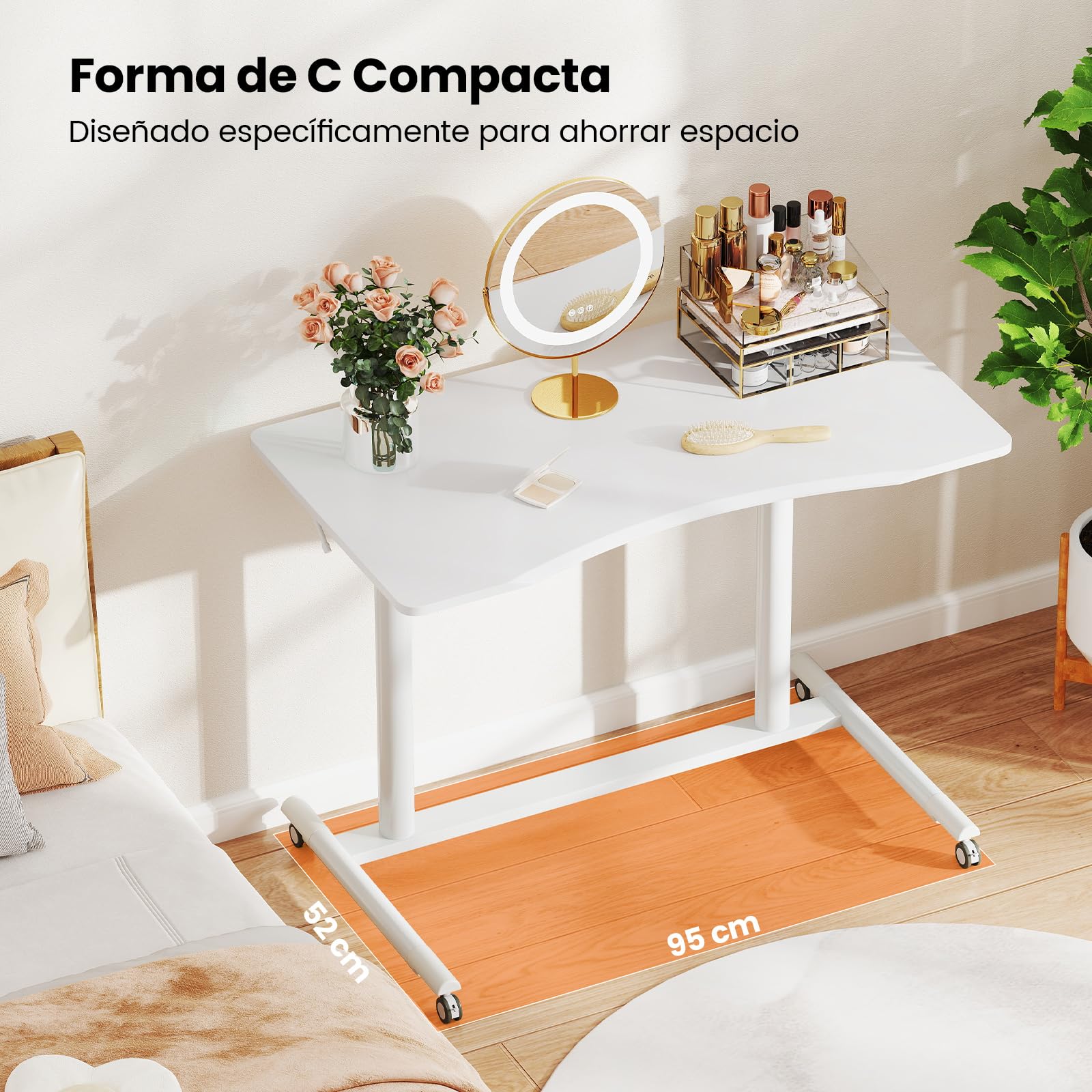 COSTWAY Escritorio Elevable 95 x 52cm, Altura Ajustable, Secretaria Elevatoria con Ruedas Bloqueables, Marco de Metal, para Espacios Pequeños, Mesa Escritorio Oficina Despacho (Blanco)