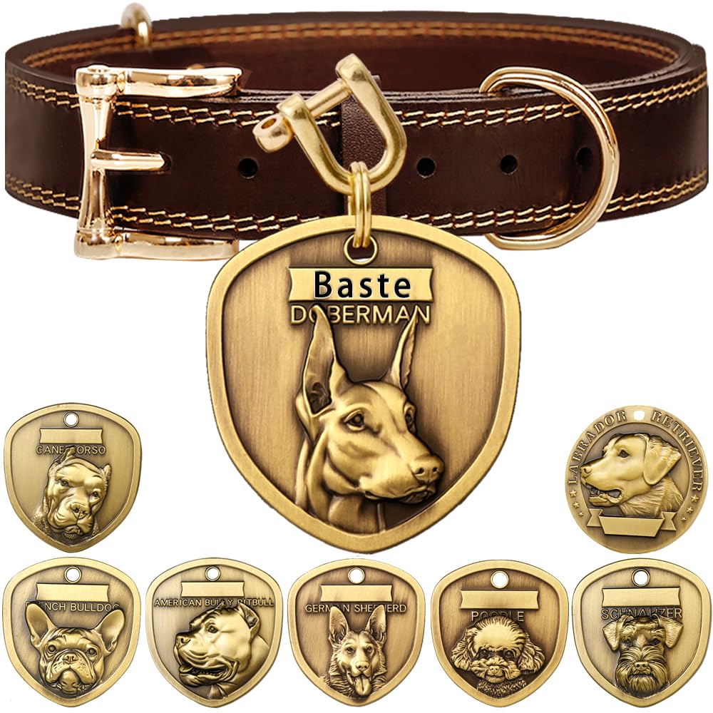 Genuine Leather Dog Collar+3D Embossed Doberman Dog Tag Set（S-M）