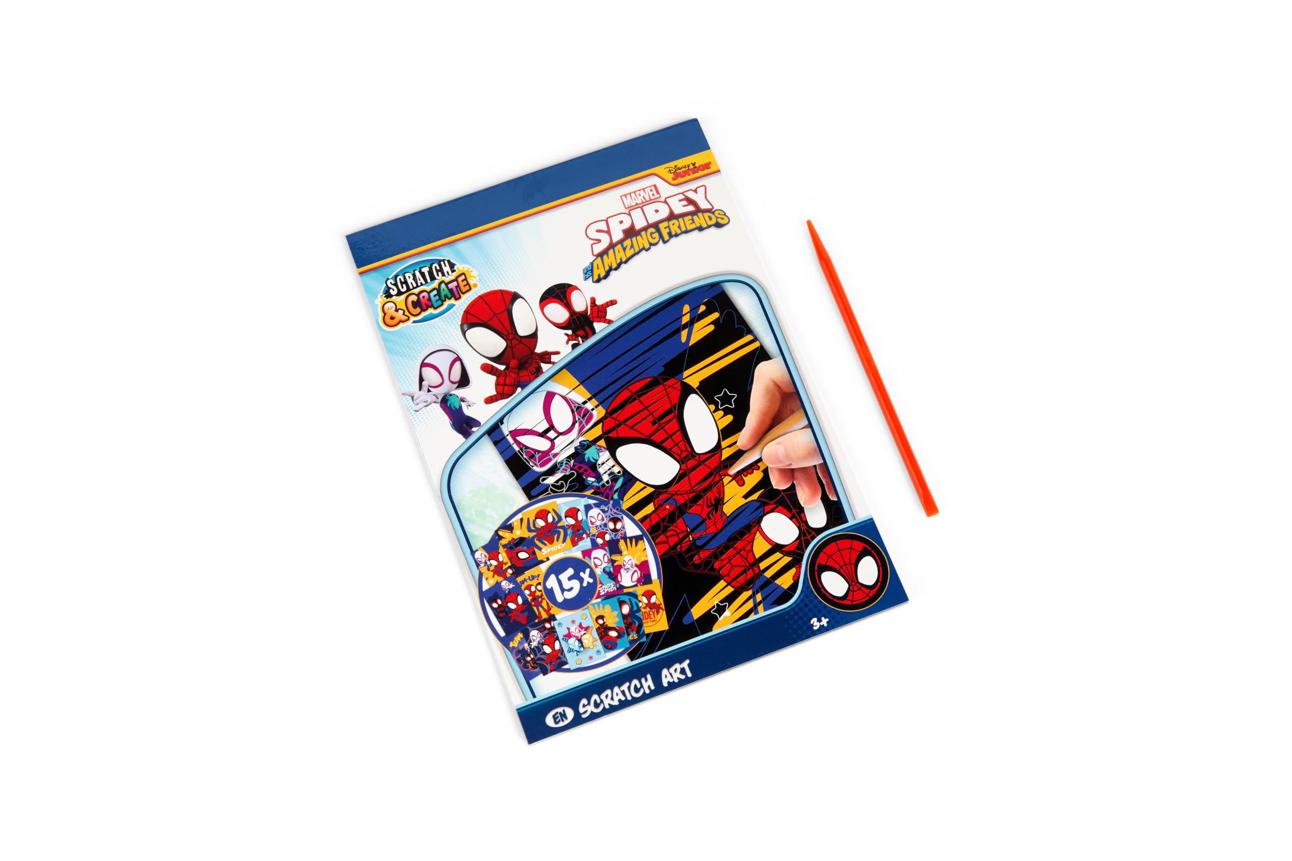 Disney Store Marvel Spidey książka do zdrapywania książka A5 dla dzieci | Scratch Art książka do majsterkowania z 15 motywami w formacie A5 | w zestawie drewniany pisak do zdrapywania | efekt tęczy |